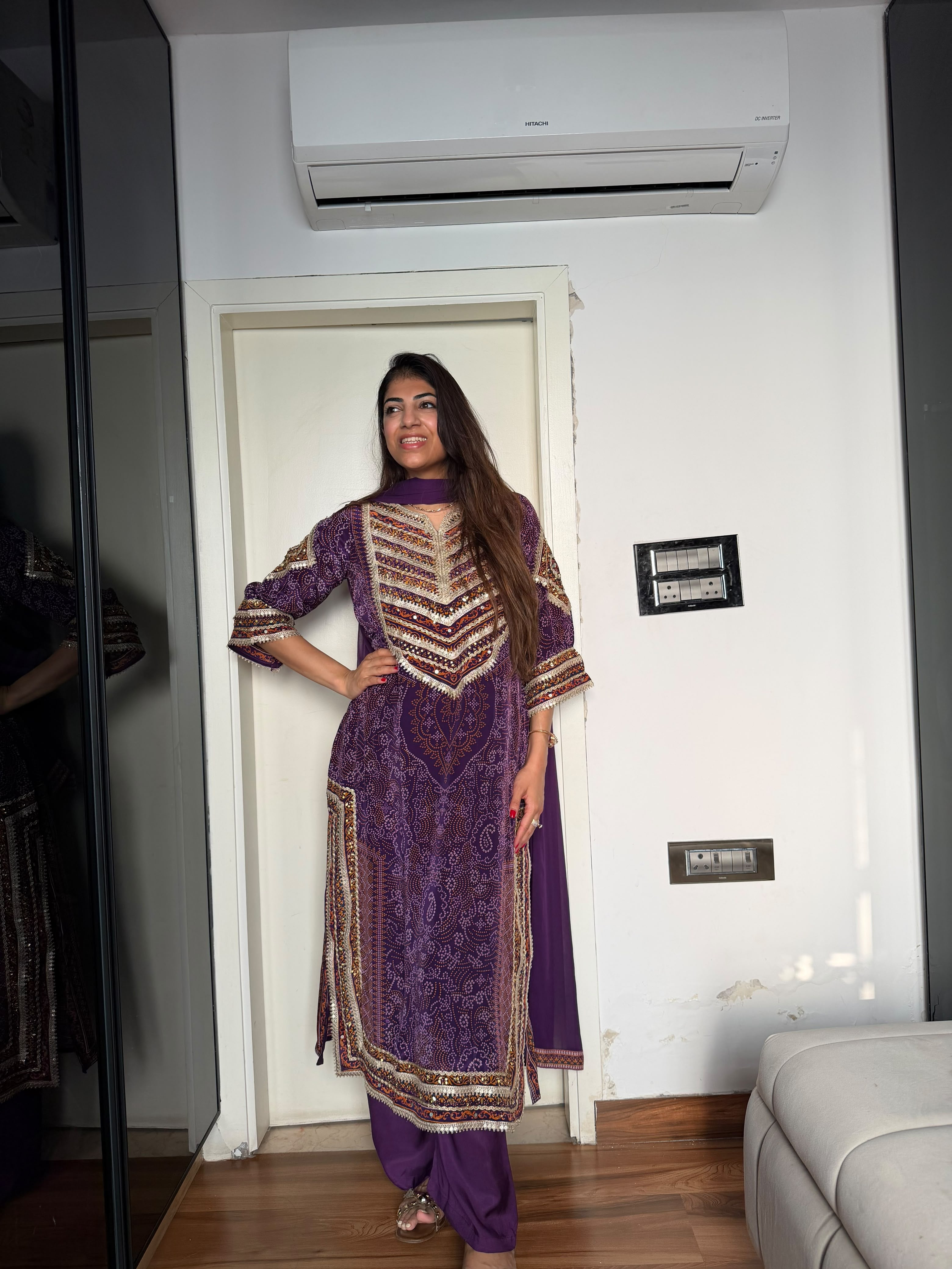 Bandhani crepe 3 pc suit With lace highlighting