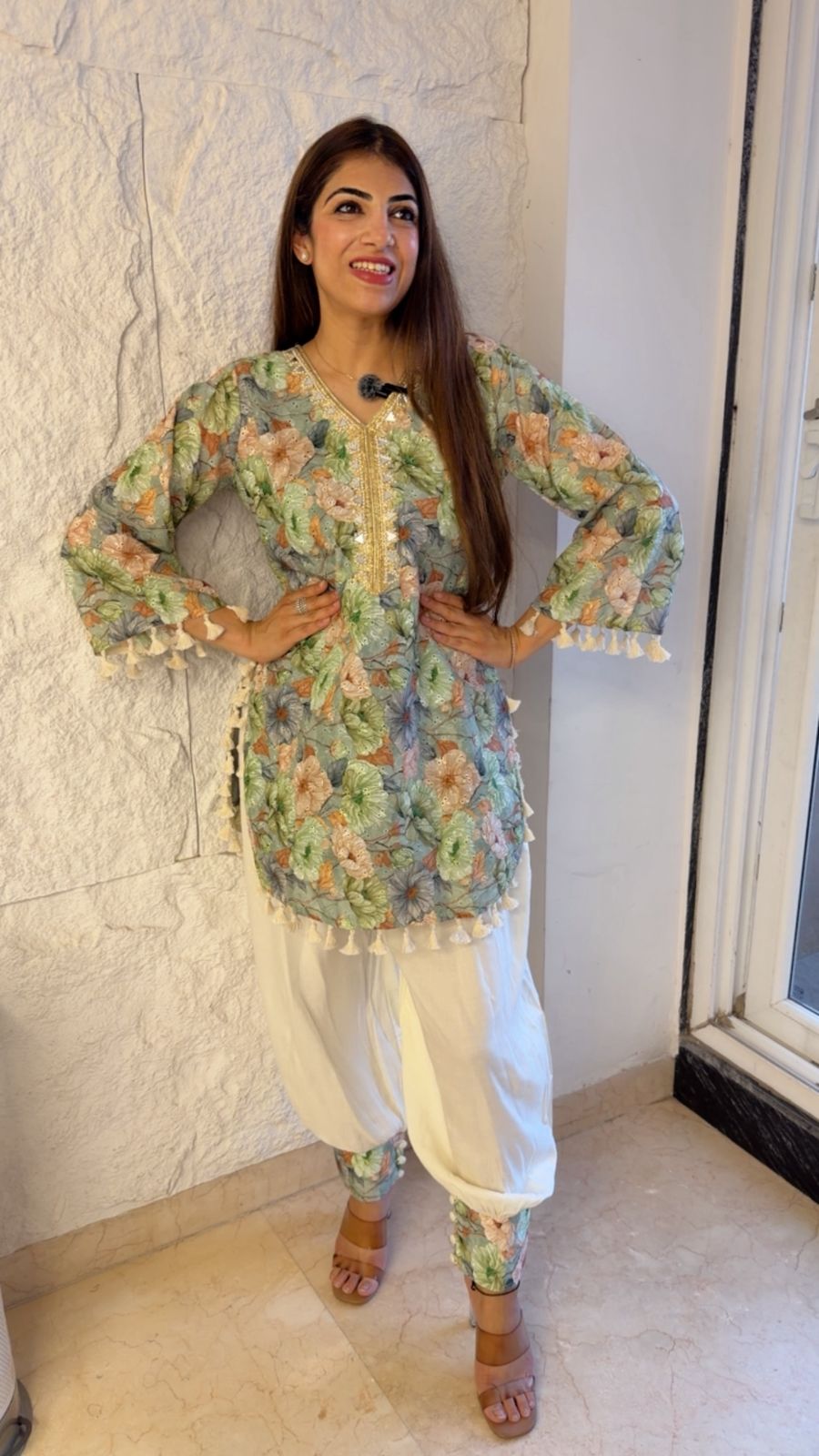 Schiffli cotton shirt with balloon pants