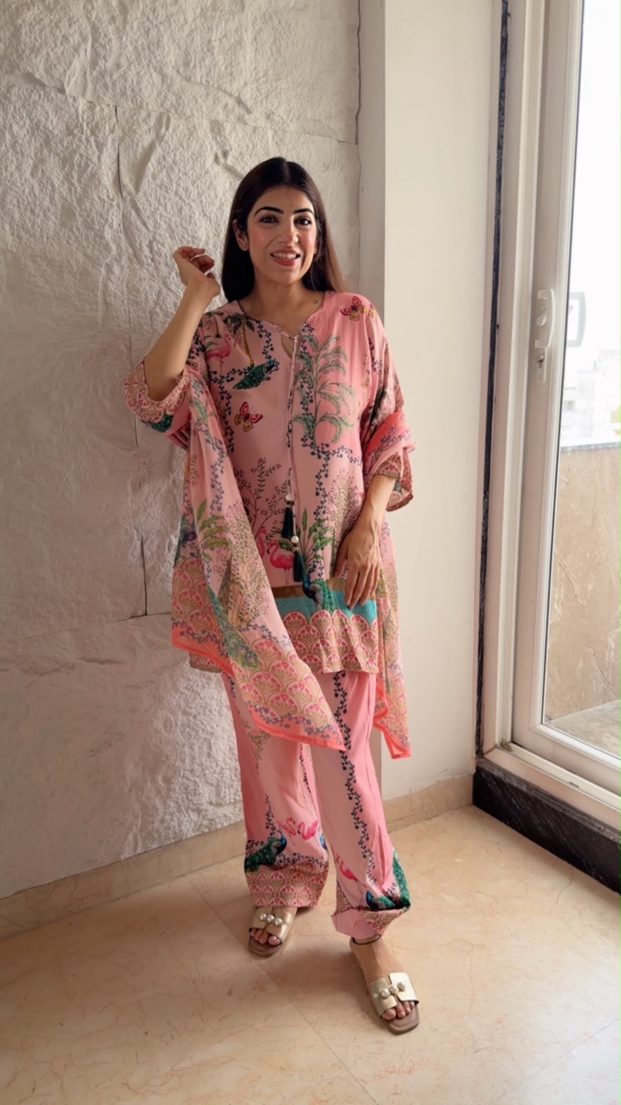 Pure cotton muslin set with  farshi look pants & chiffon digital print duppata