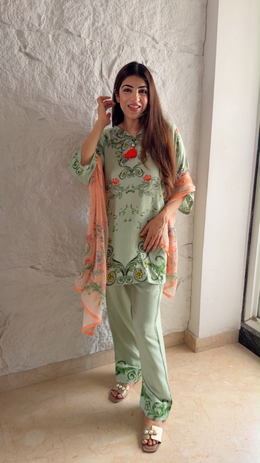 Pure cotton muslin set with  farshi look pants & chiffon digital print duppata