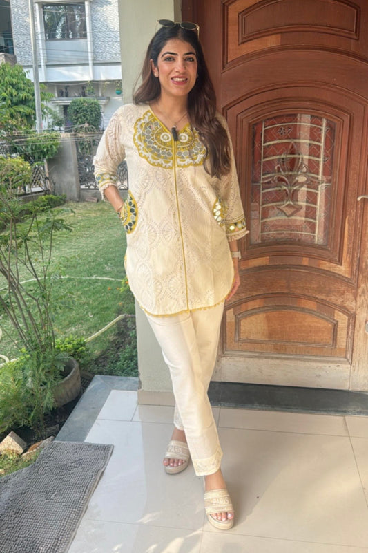2pc Partywear Schiffli Co-ord Set Paired With Bell-bottom Pants