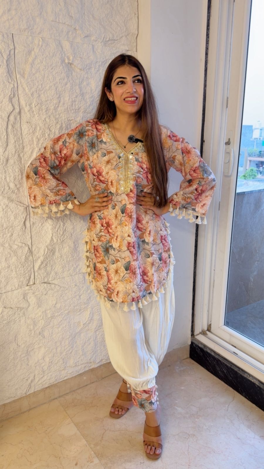 Schiffli cotton shirt with balloon pants