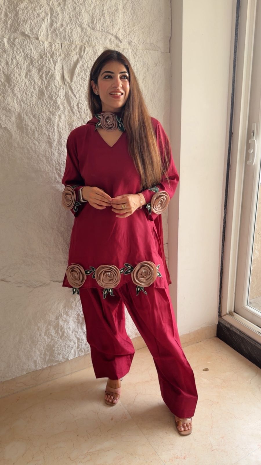 Imported cotton farshi set with 3d rose embroidery with choker dupatta