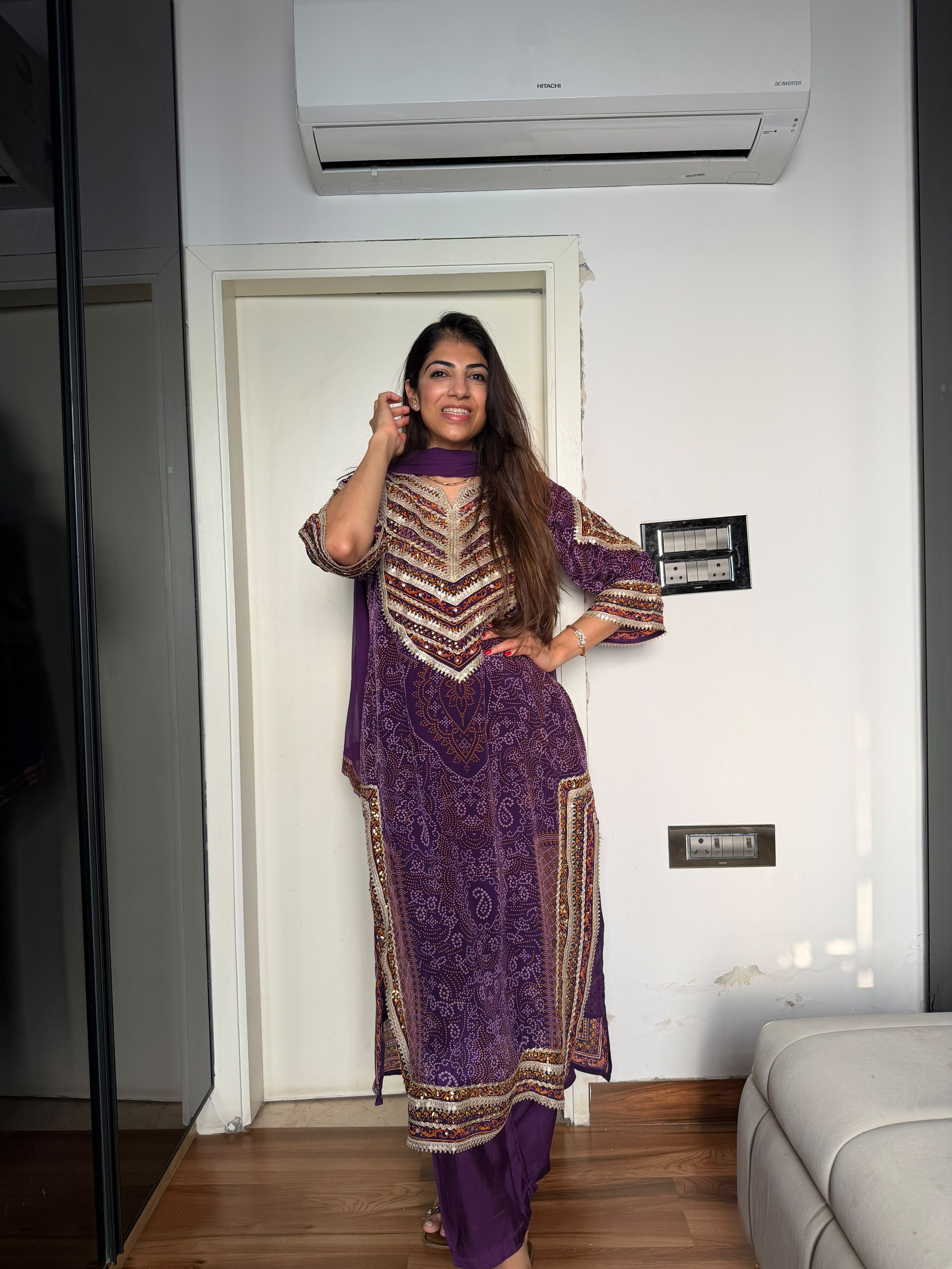 Bandhani crepe 3 pc suit With lace highlighting