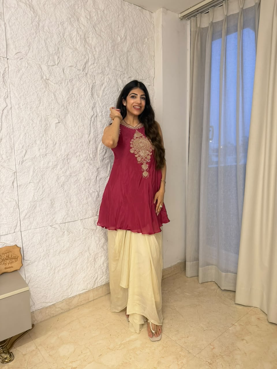 Pure Chinon  sleeves handwork drape skirt indo-western set