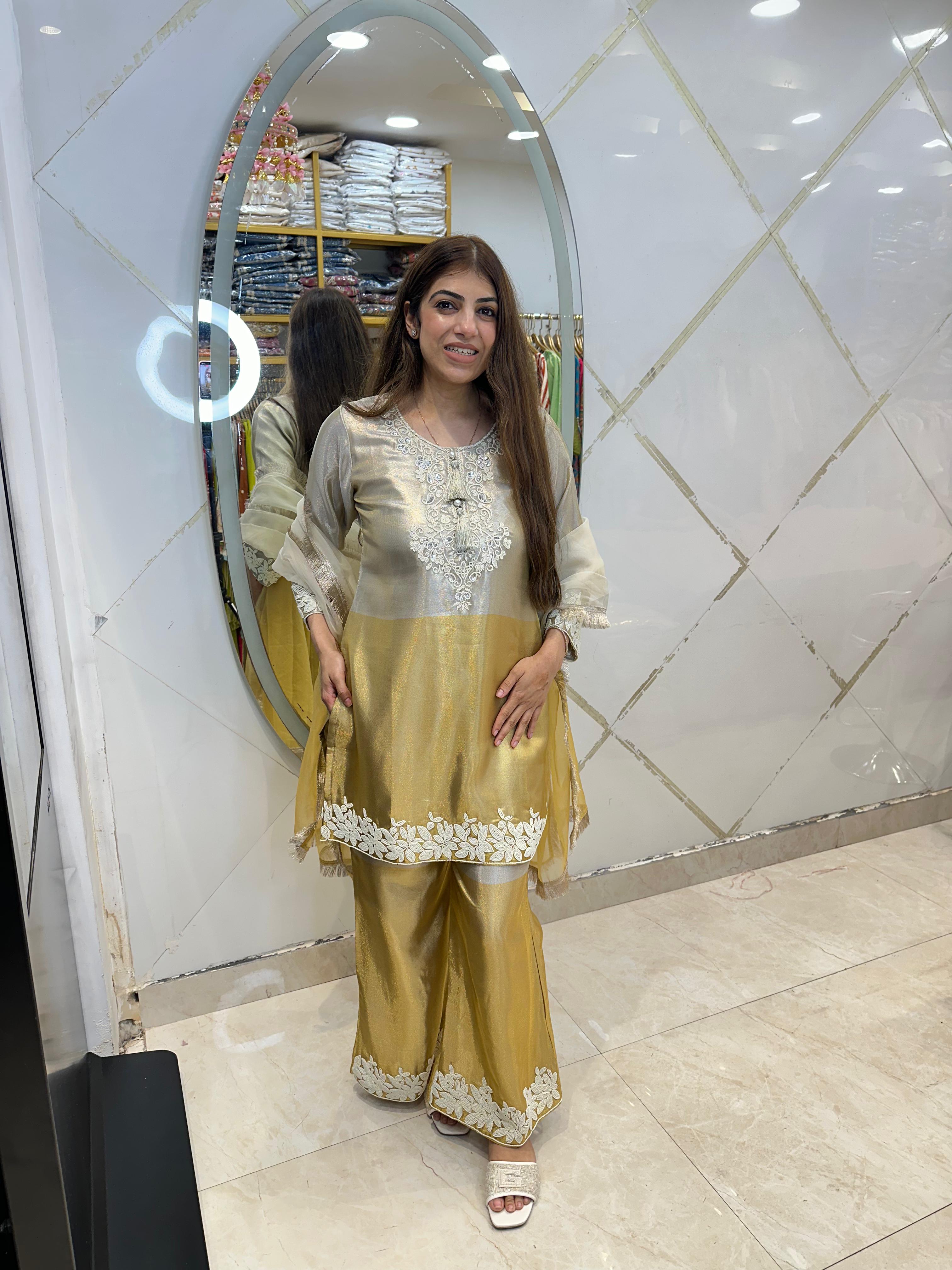 Pure banarasi silk 3pc-suit with neck,sleeves, plazo all moti work with organza duppata