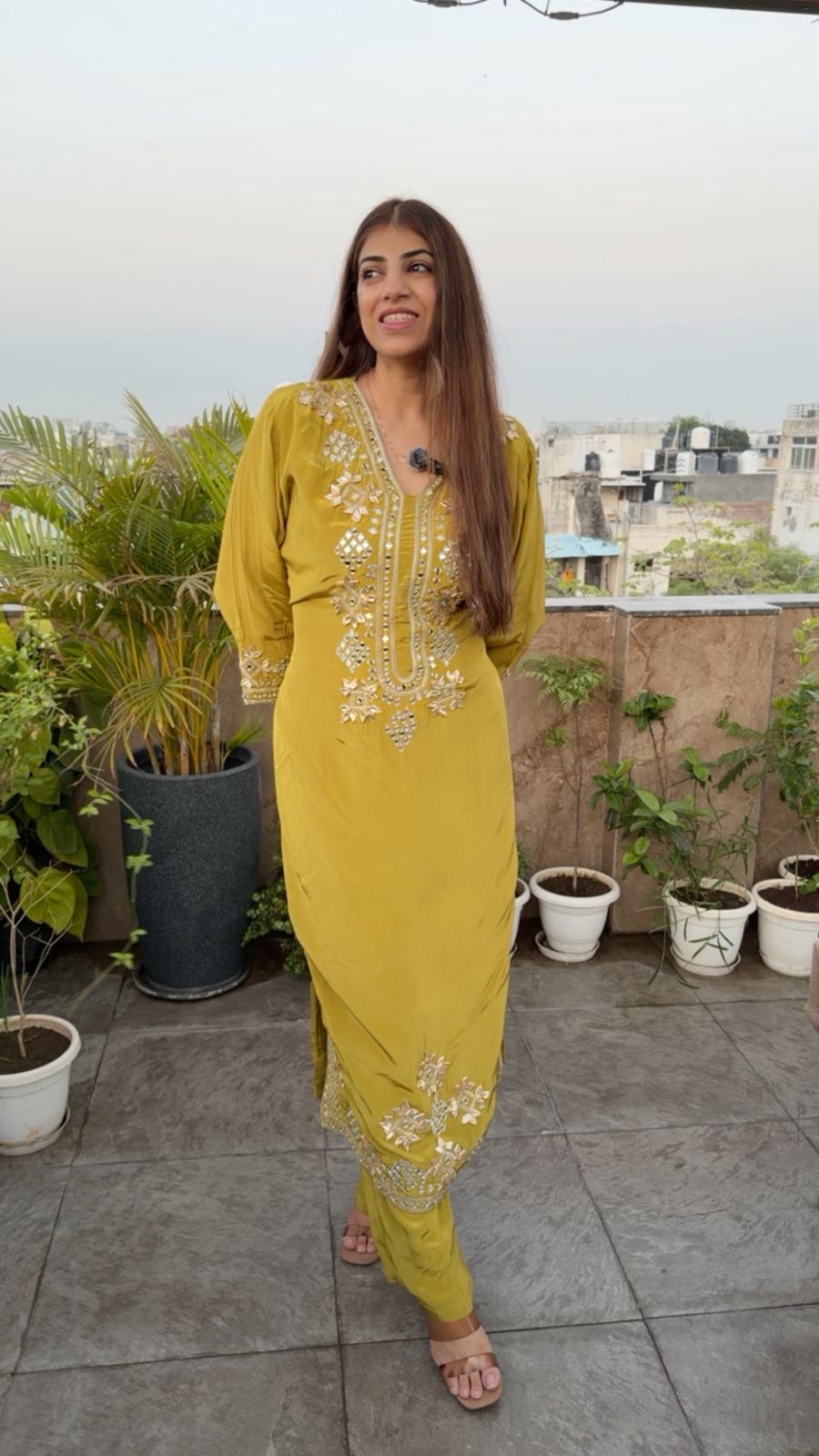 Pure crepe long 2pc, set side slit cut with gota patti and mirror work