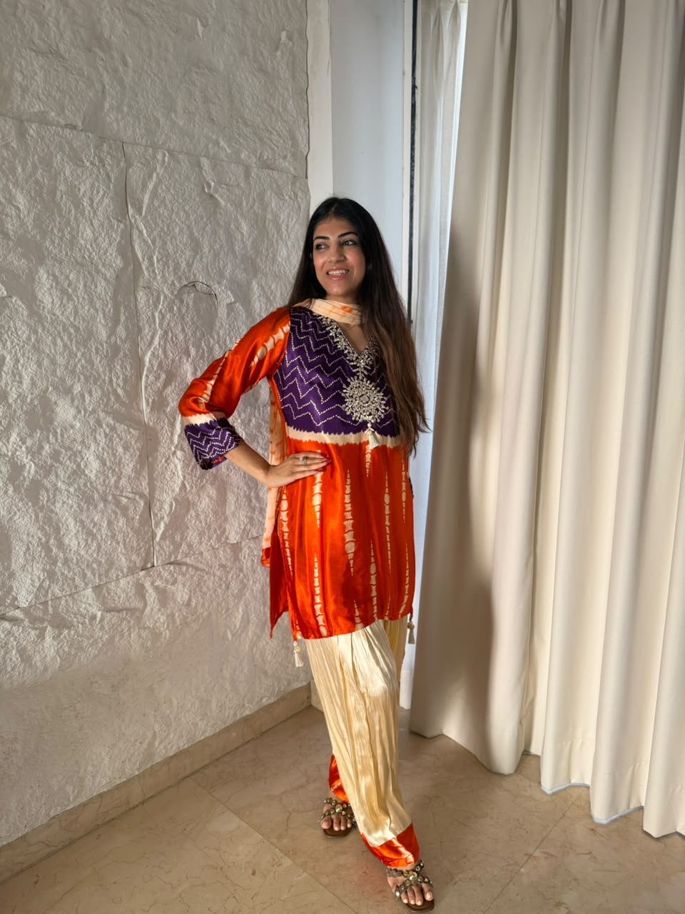 Pure Gaji silk ombre-farshi salwar set with mirror work & dupatta