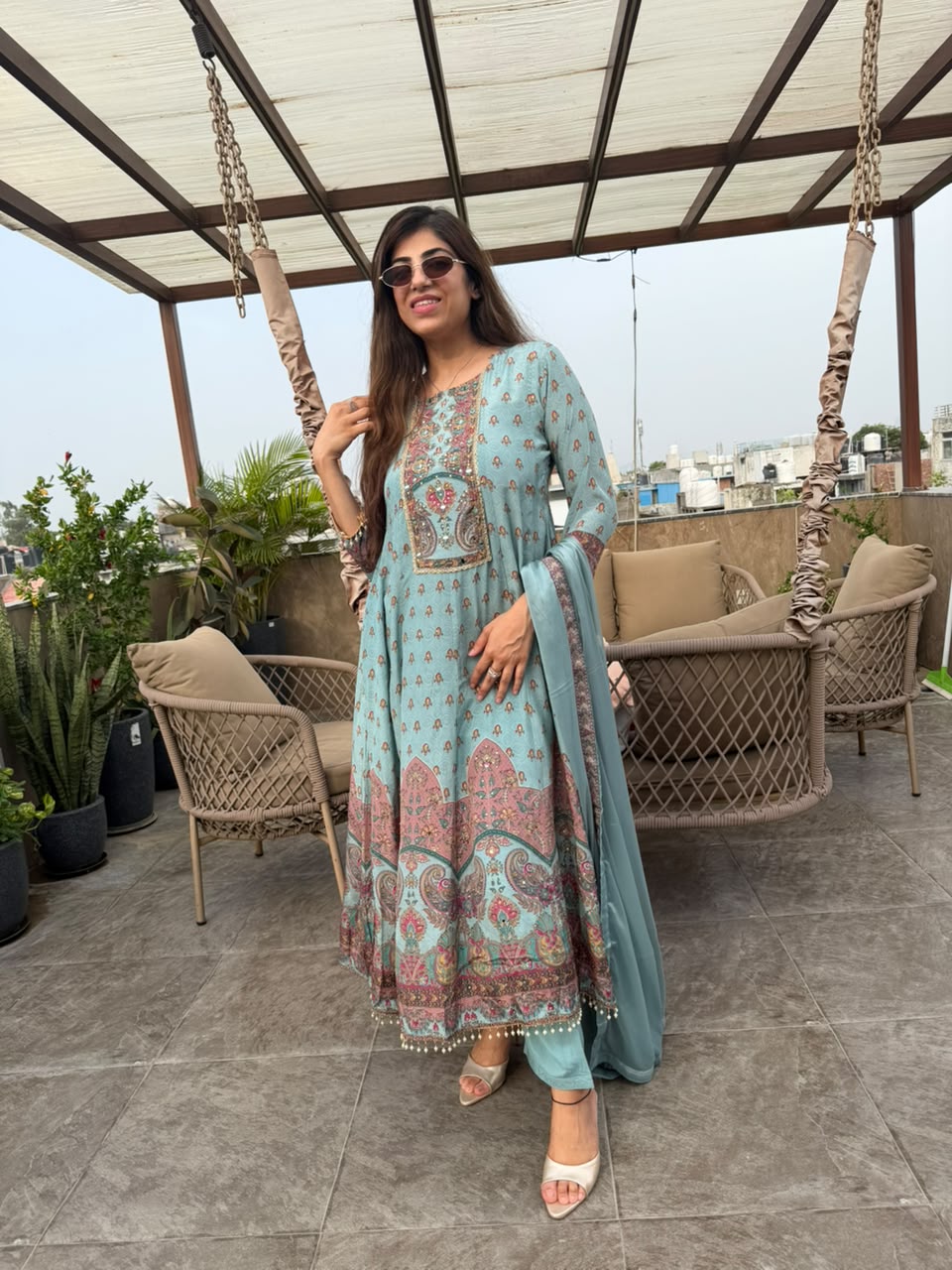 Natural crepe long anarkali suit with pants & dupatta