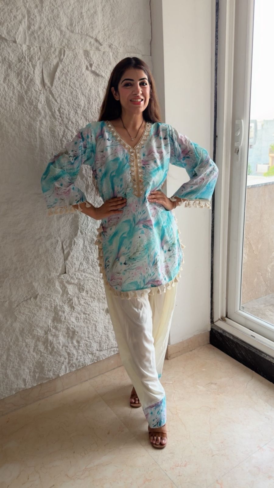 Schiffli cottom shirt with rayon cotton farshi salwar set