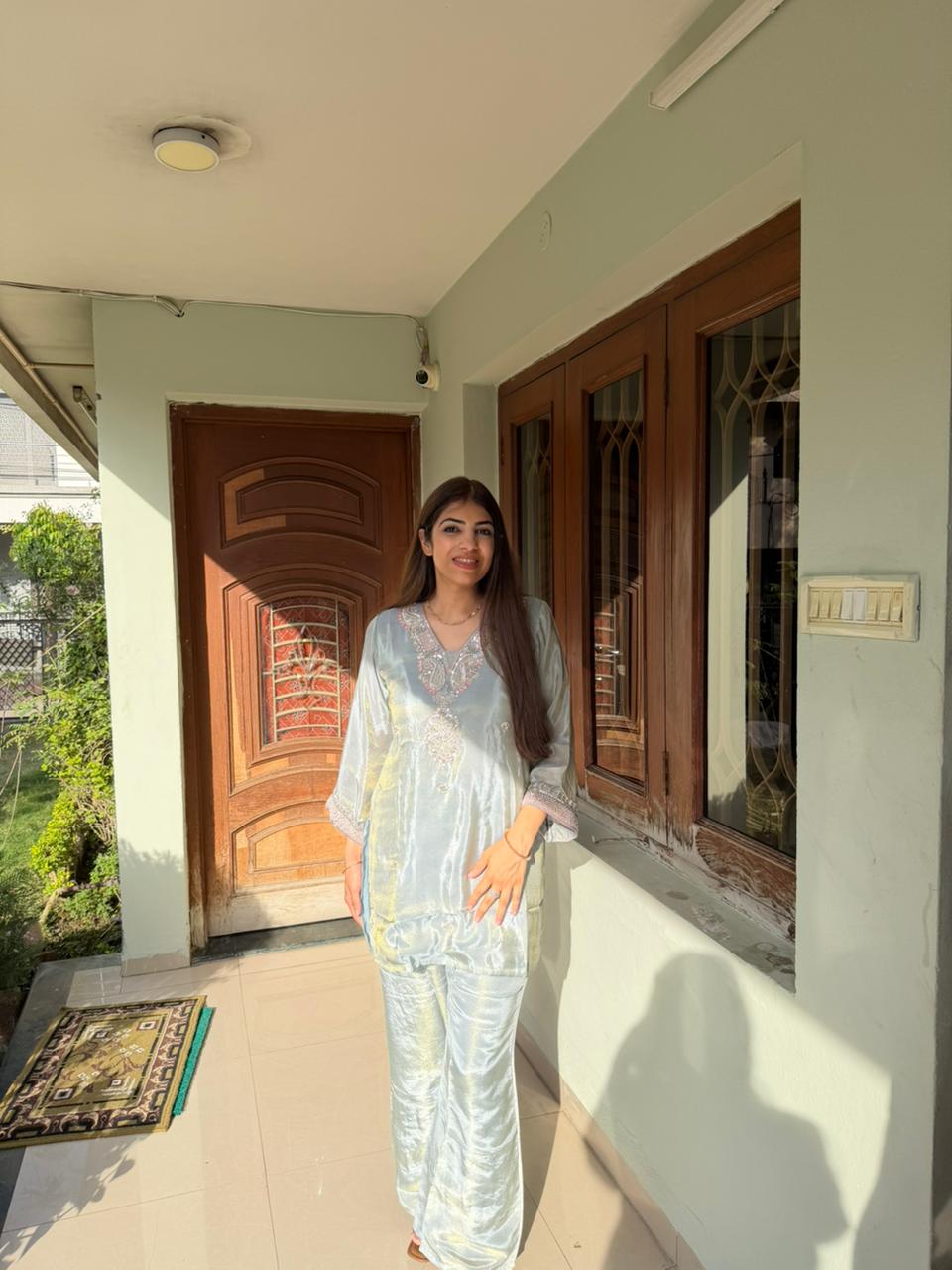Pure shimmer tissue 2pc, co-ord set with handwork inside cotton lining