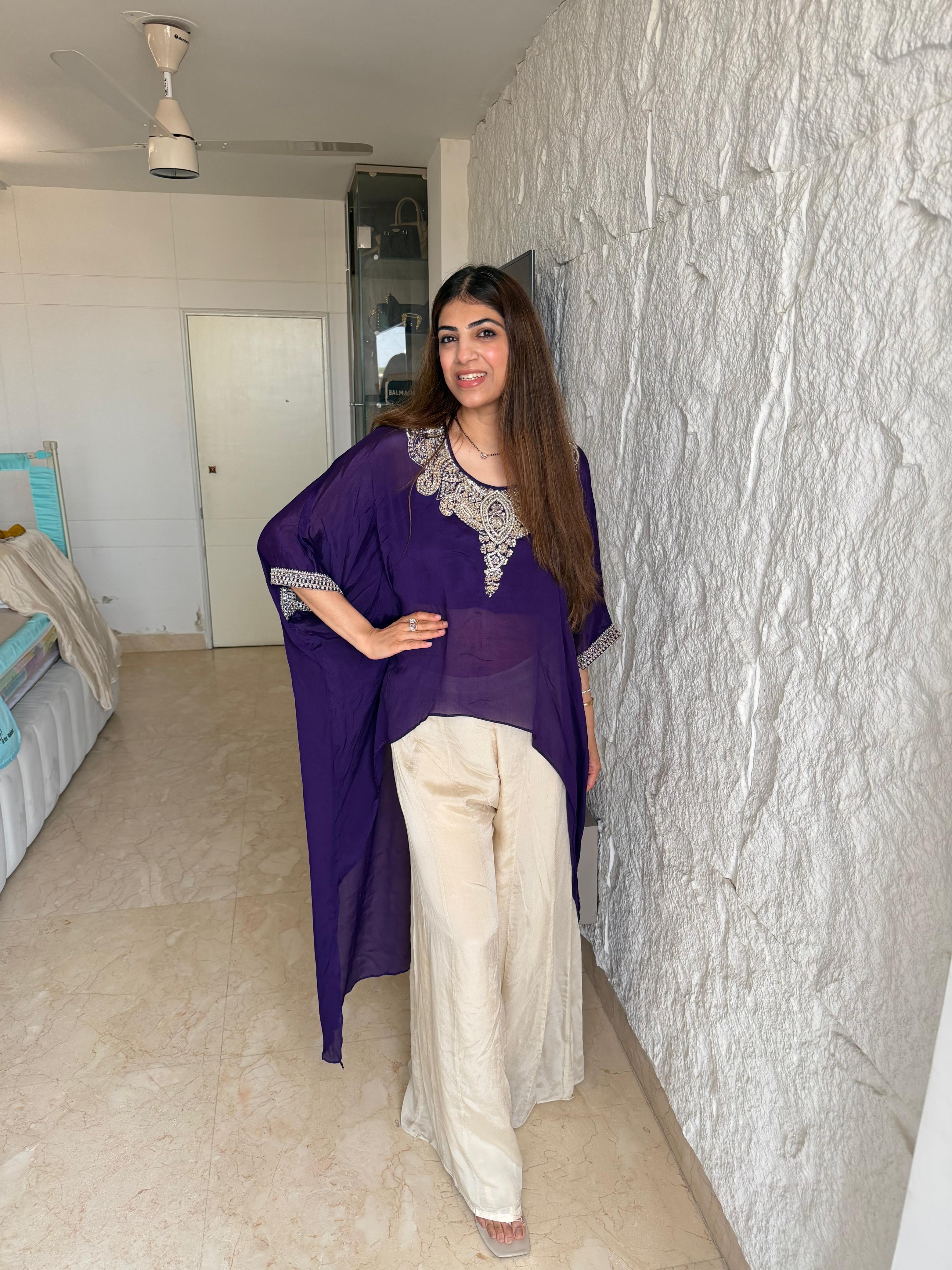 Pure Chinon indo-western 3 piece set with all  handwork neck & sleeves