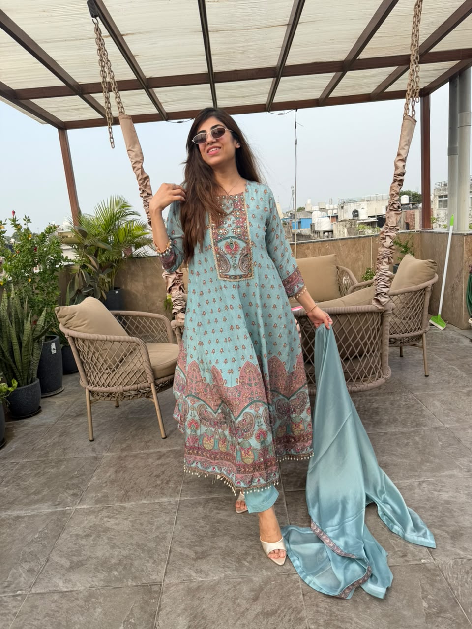 Natural crepe long anarkali suit with pants & dupatta