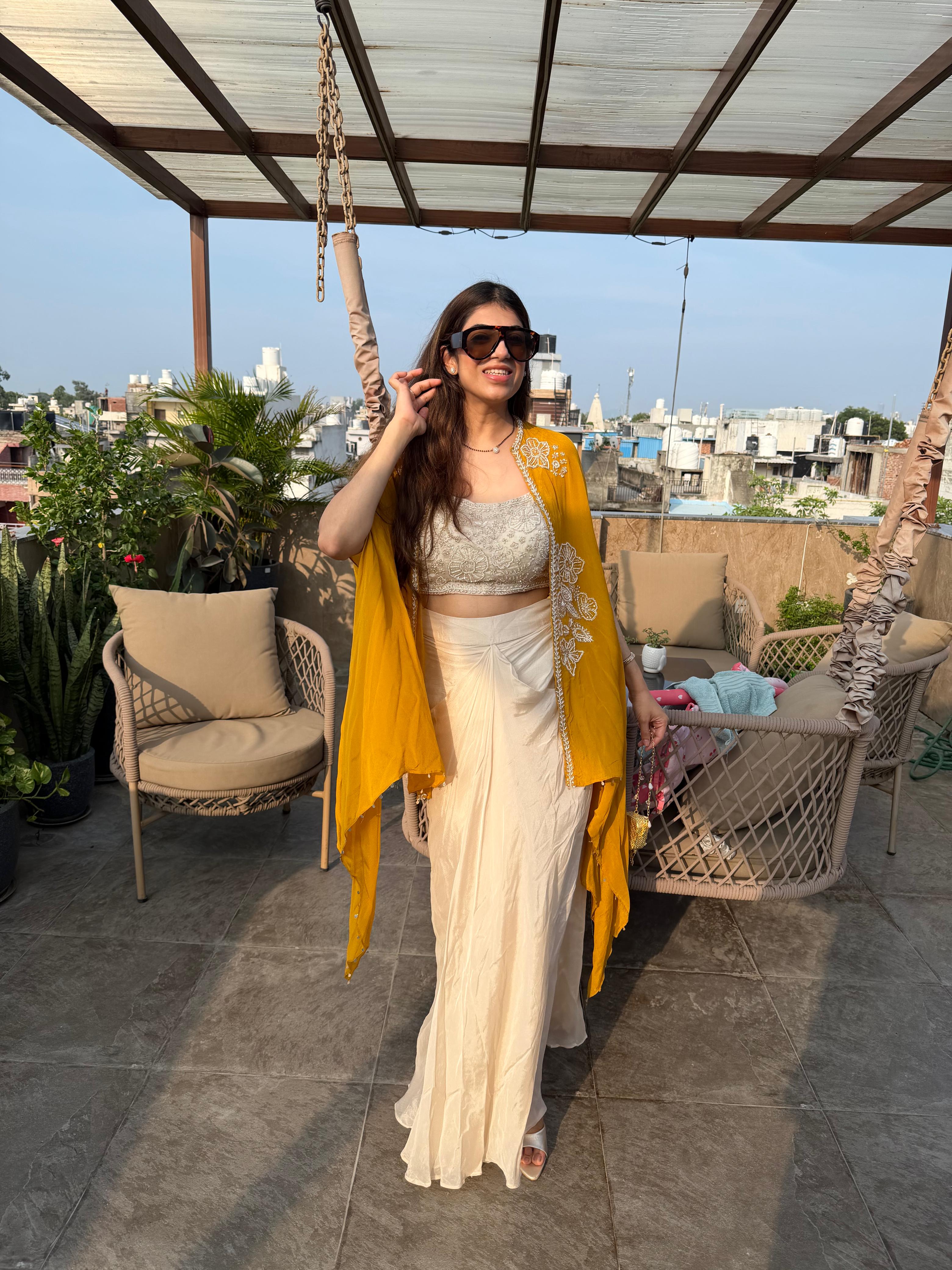 Pure Chinon,Drape skirt  indo-western set with all handwork in blouse & shrug
