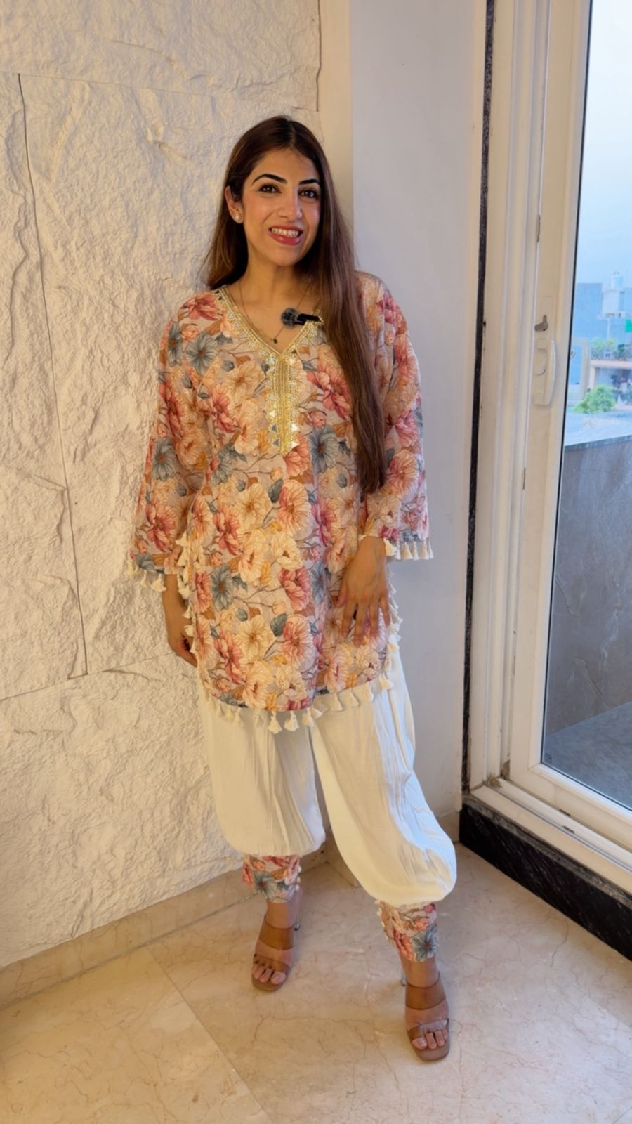Schiffli cotton shirt with balloon pants