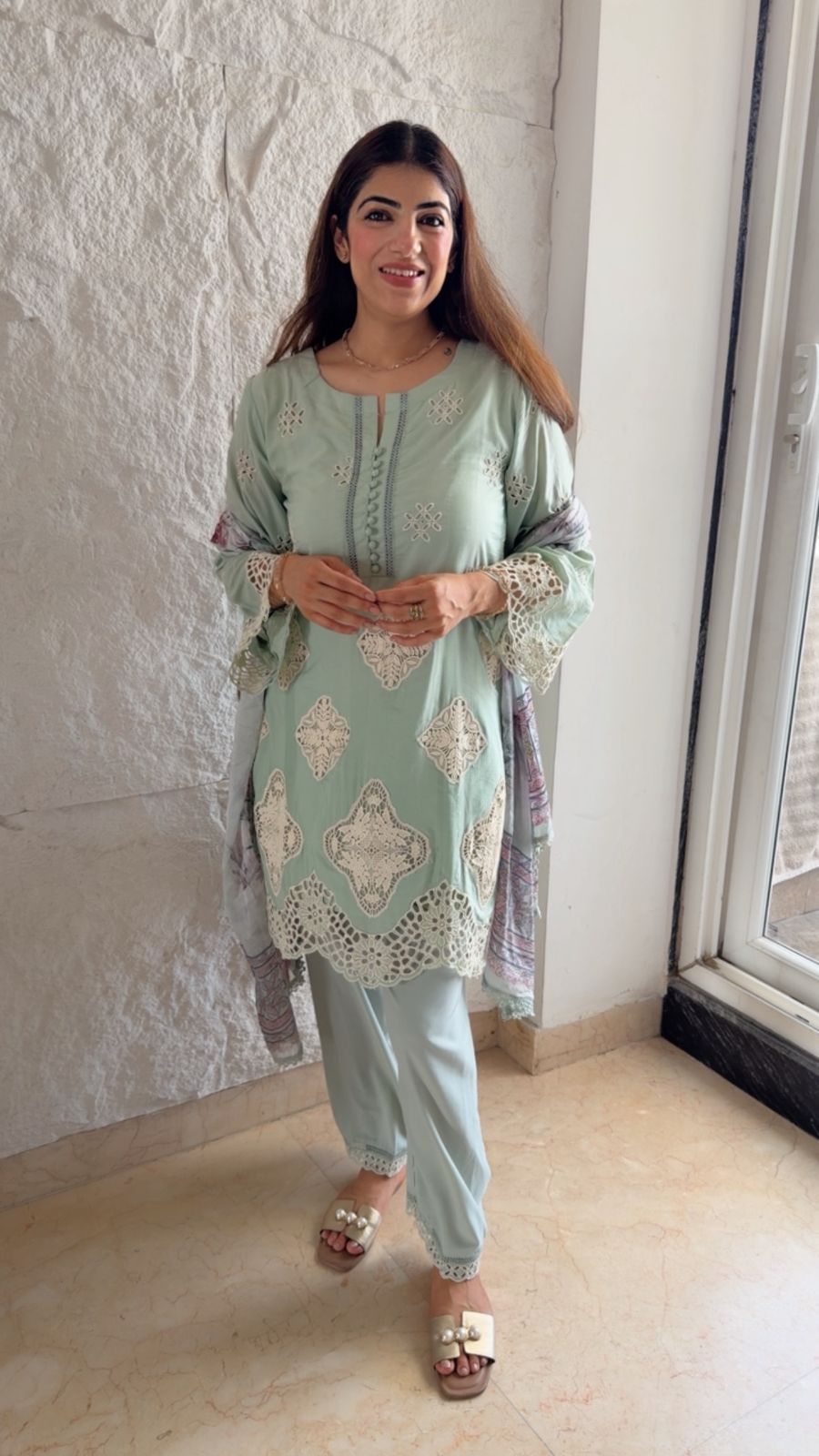 Imported cotton Pakistani suit with cutwork embroidery & chiffon printed duppata