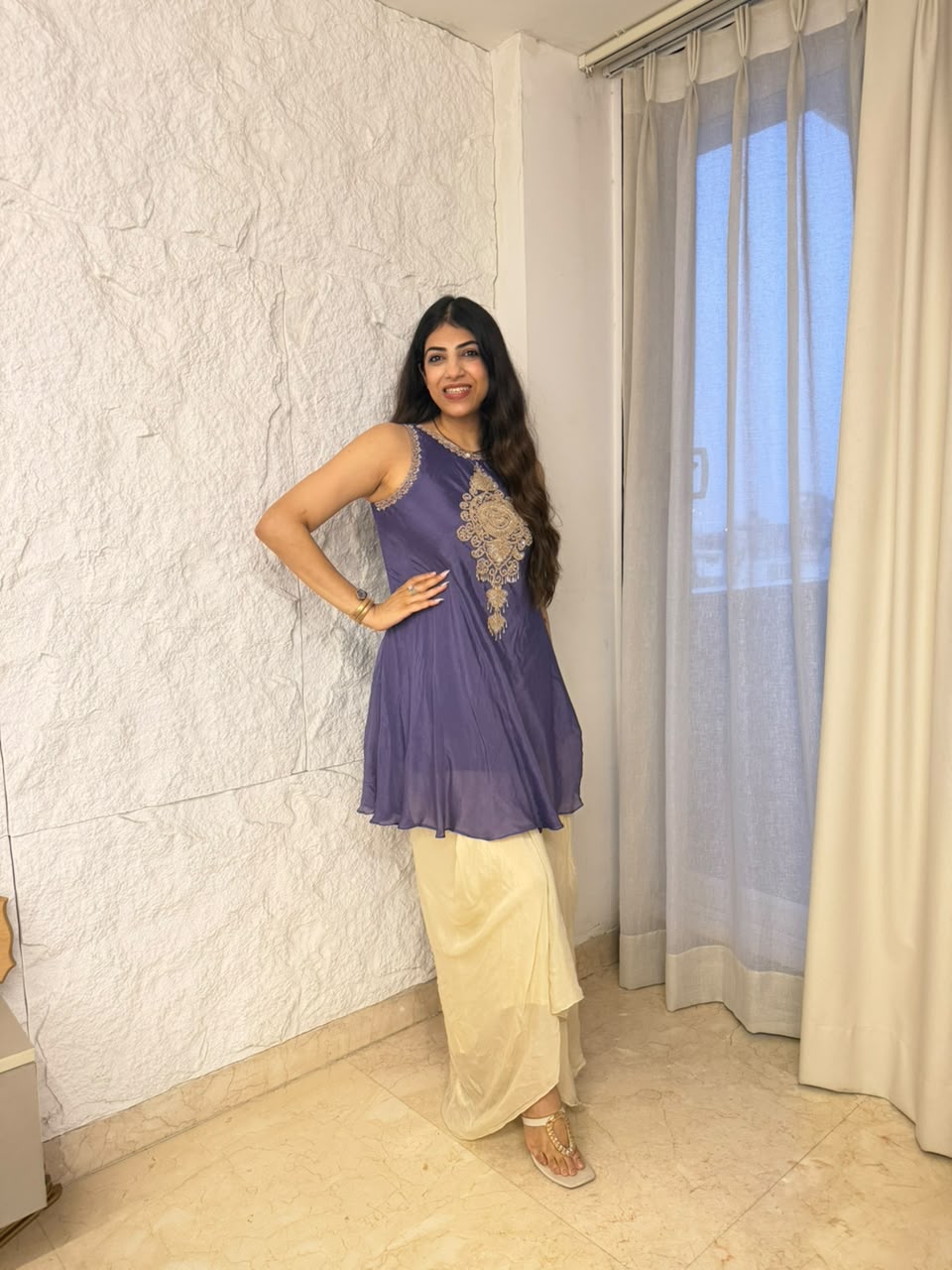 Pure Chinon  sleeves handwork drape skirt indo-western set