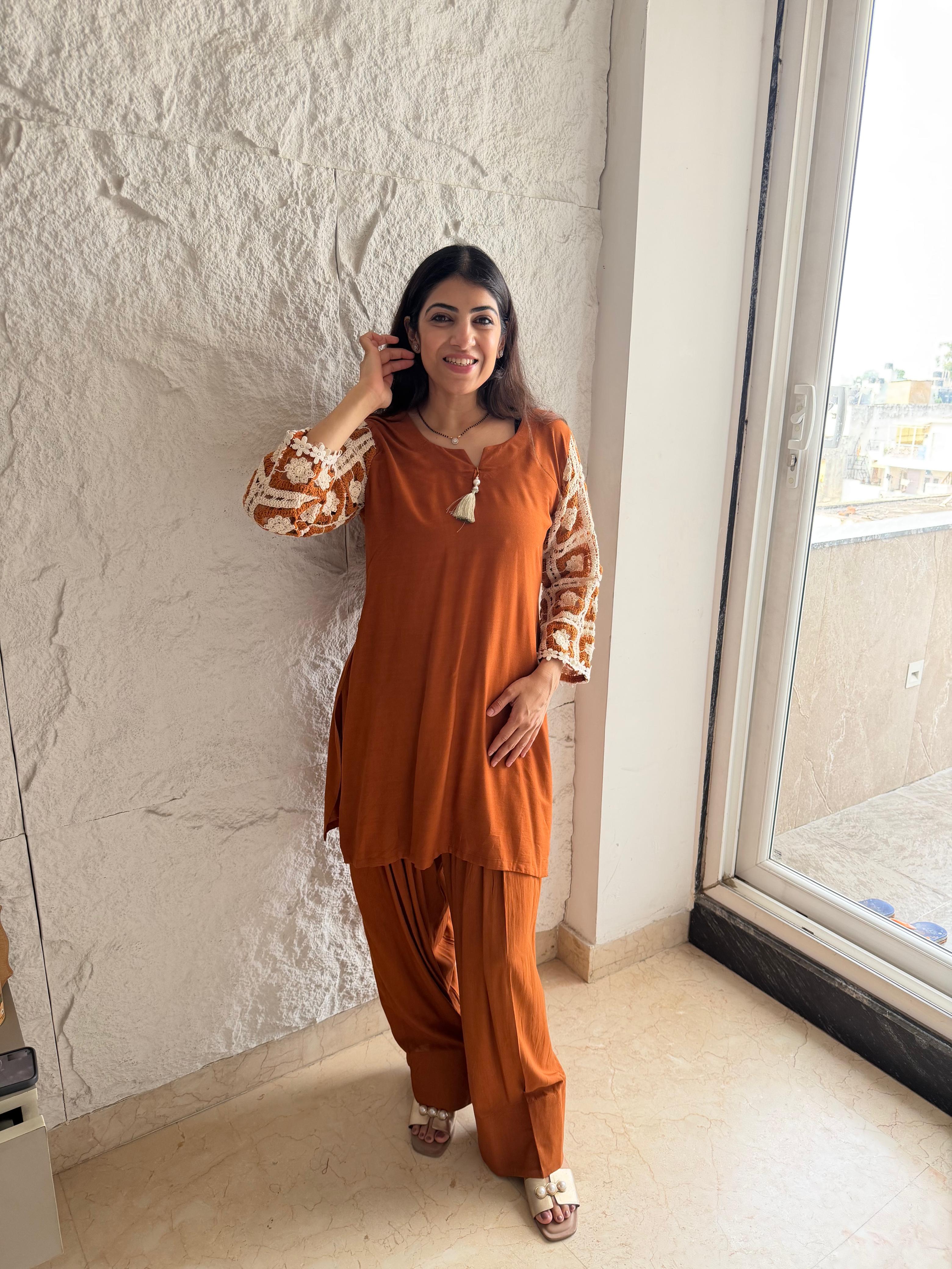 Rayon slub fabric 2 peice co-ord set with farshi salwar