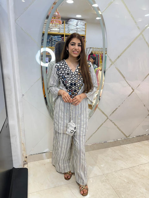 Cotton plazo 2pc, co-ord set with all mirror work nd potli bag