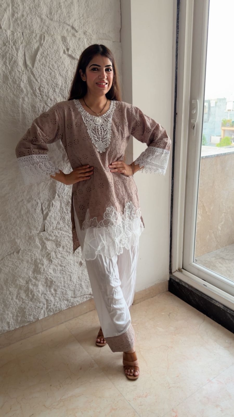 Schiffli cotton shirt with rayon cotton farshi salwar set with flower appliqué detail