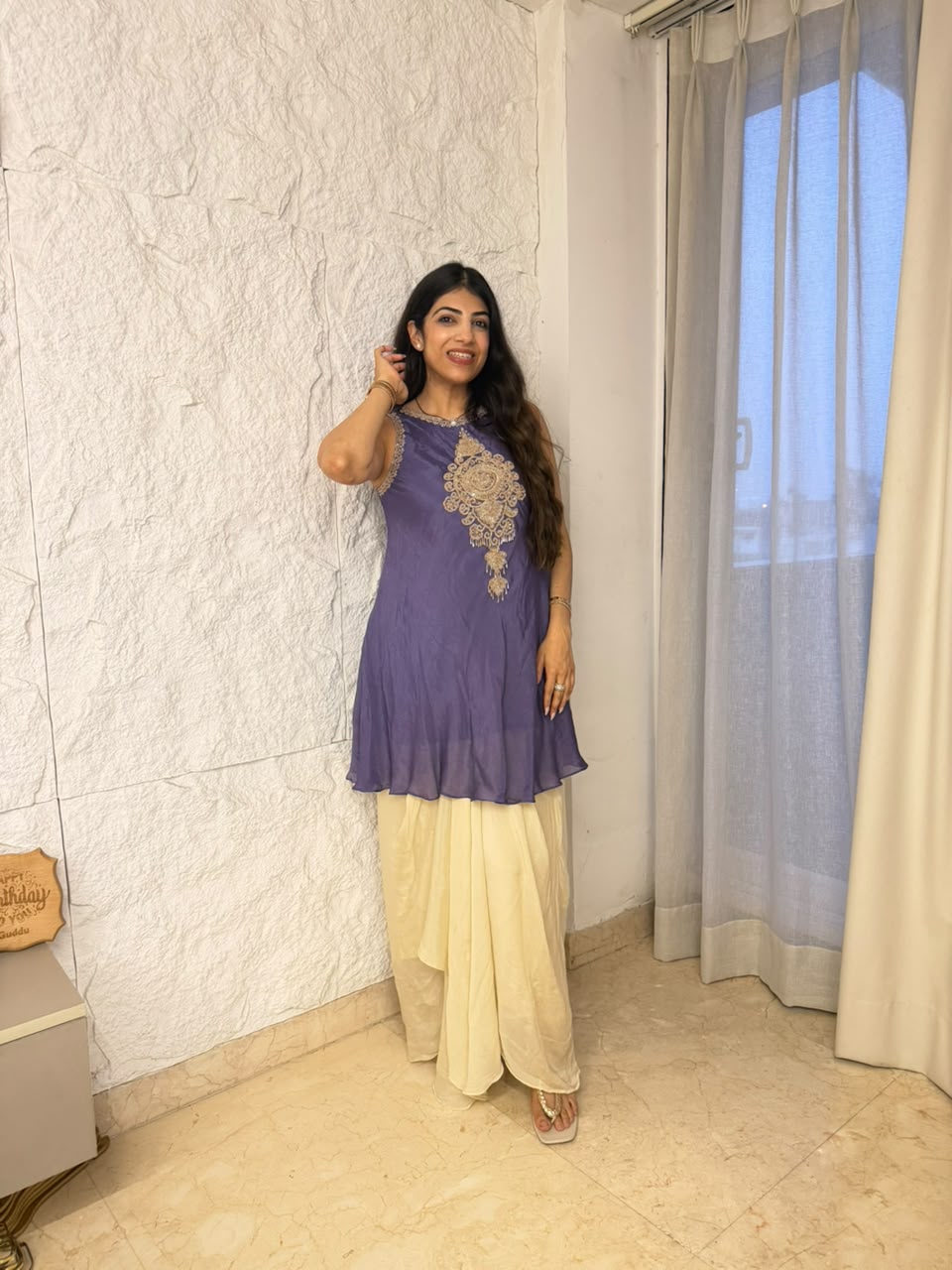 Pure Chinon  sleeves handwork drape skirt indo-western set