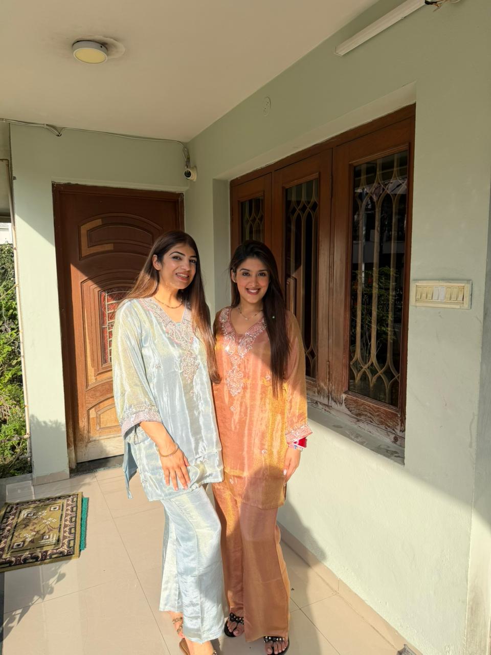 Pure shimmer tissue 2pc, co-ord set with handwork inside cotton lining