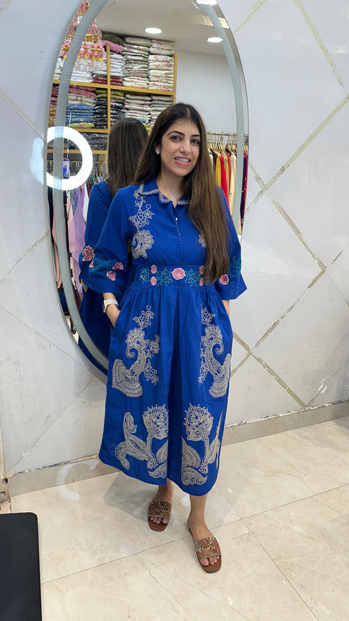 Cotton Lilen Embroidered Dress with Elastic