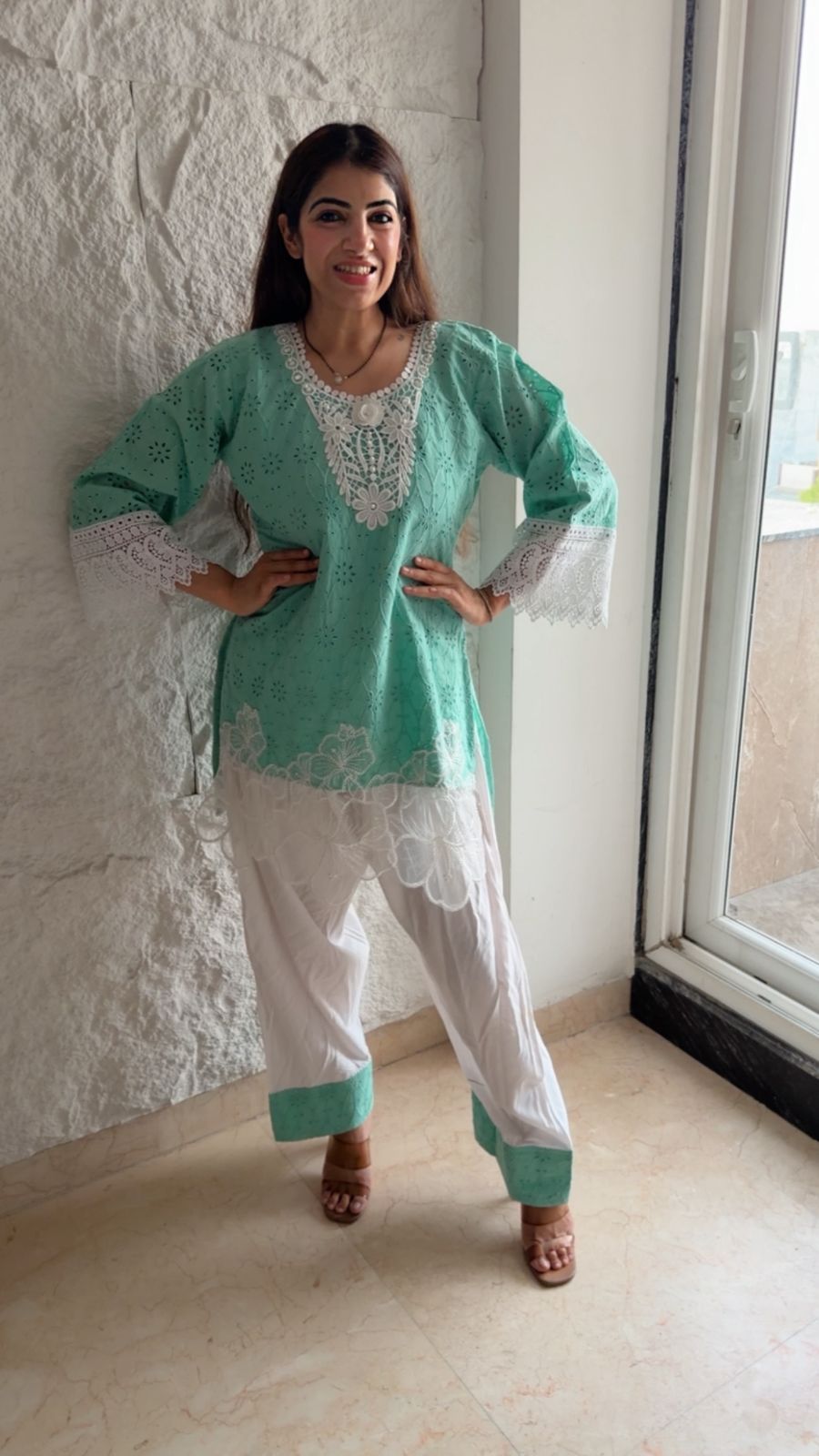 Schiffli cotton shirt with rayon cotton farshi salwar set with flower appliqué detail