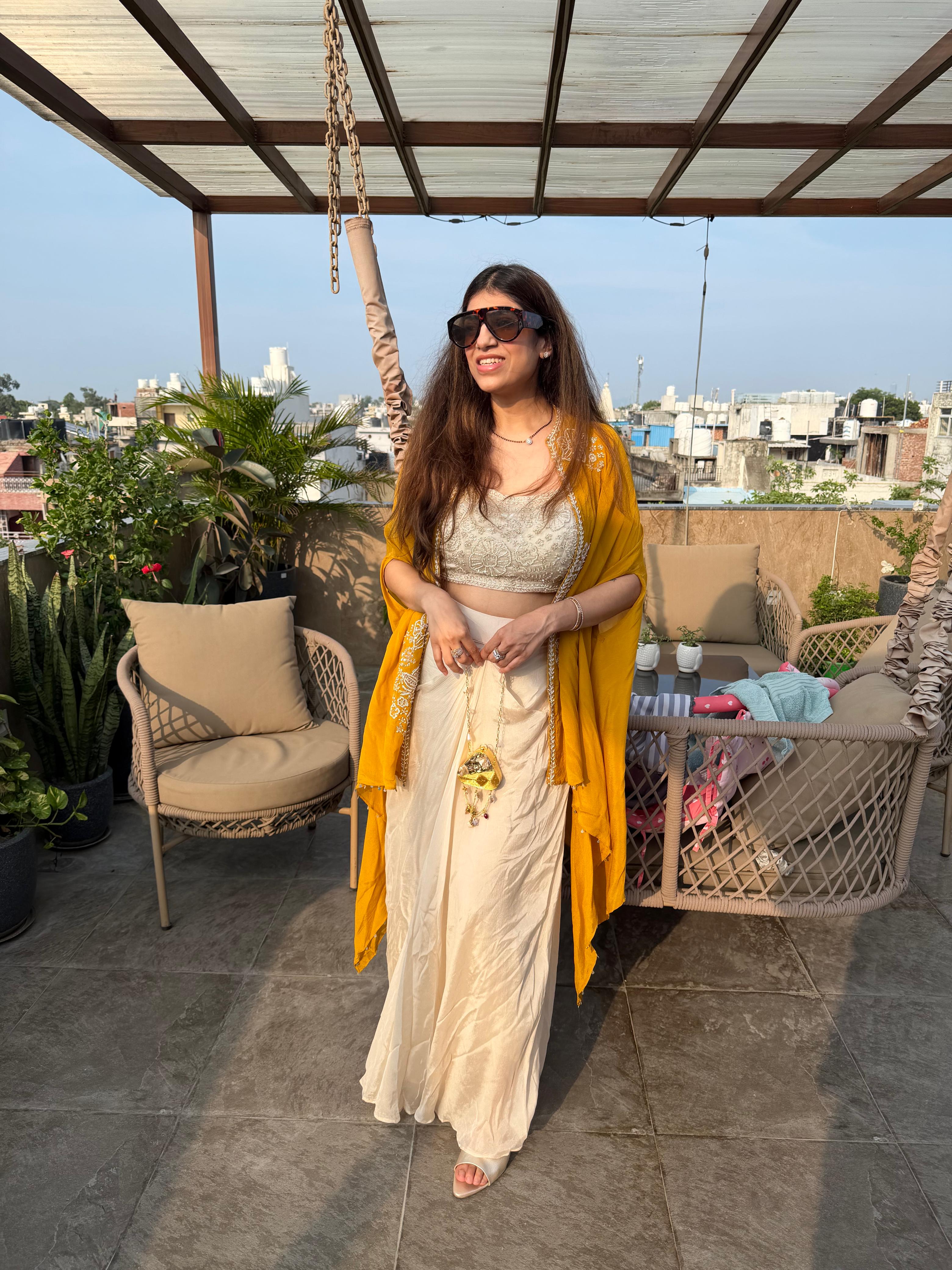 Pure Chinon,Drape skirt  indo-western set with all handwork in blouse & shrug