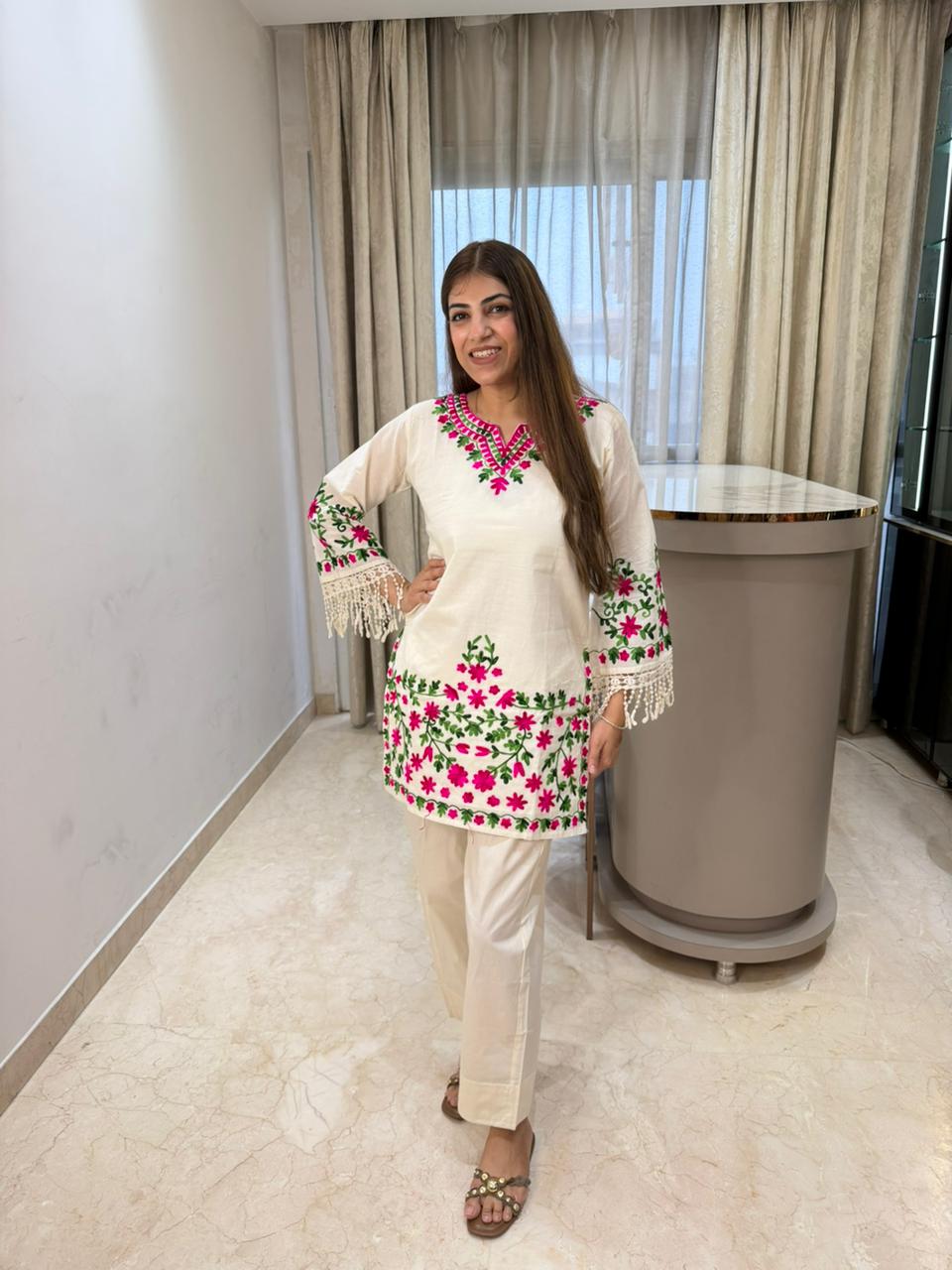 Pure cotton two pc co-ord set with lining and computer embroidery