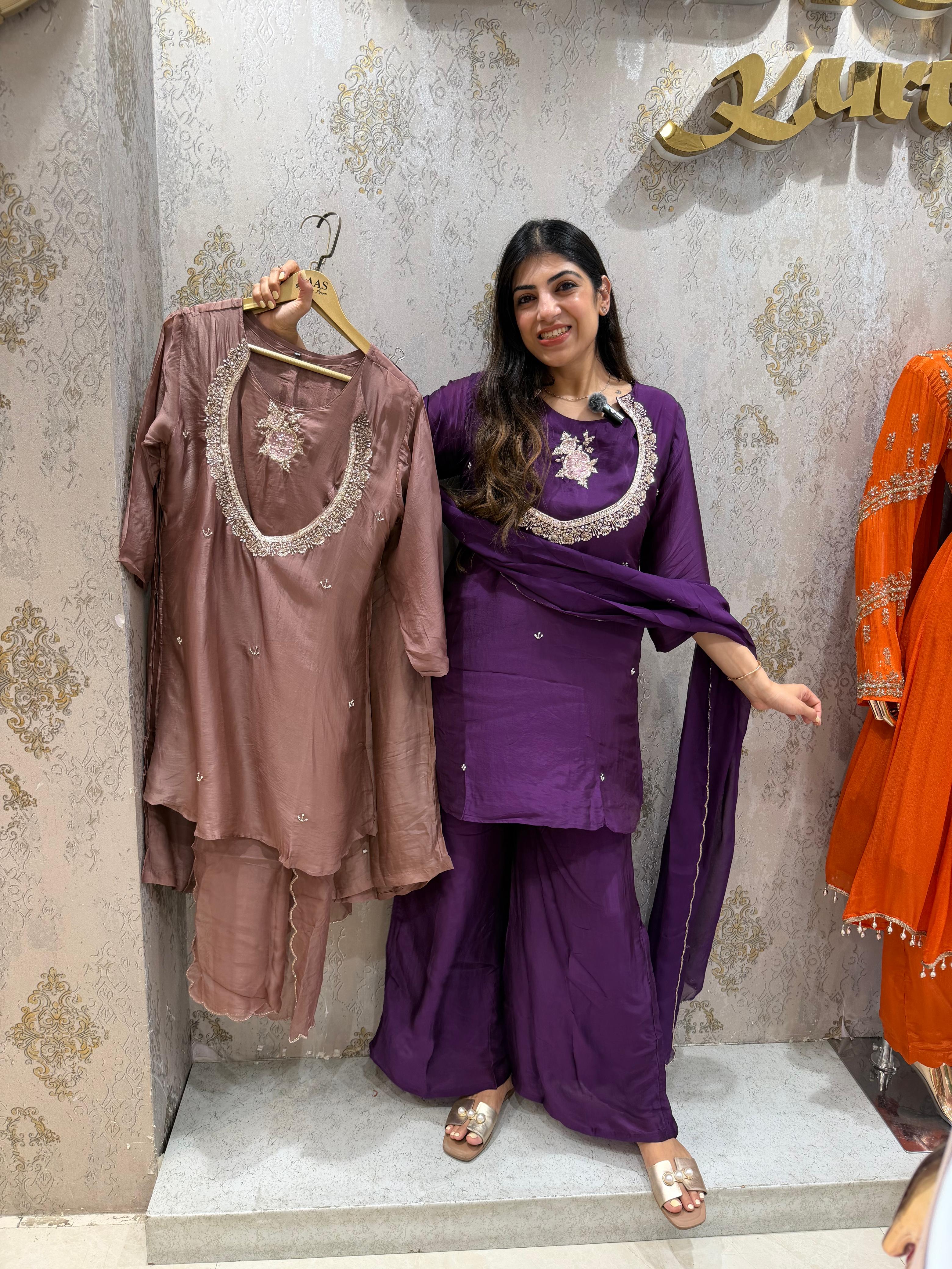Pure organza crepe 4,pc set bell bottom separate-inner & dupatta