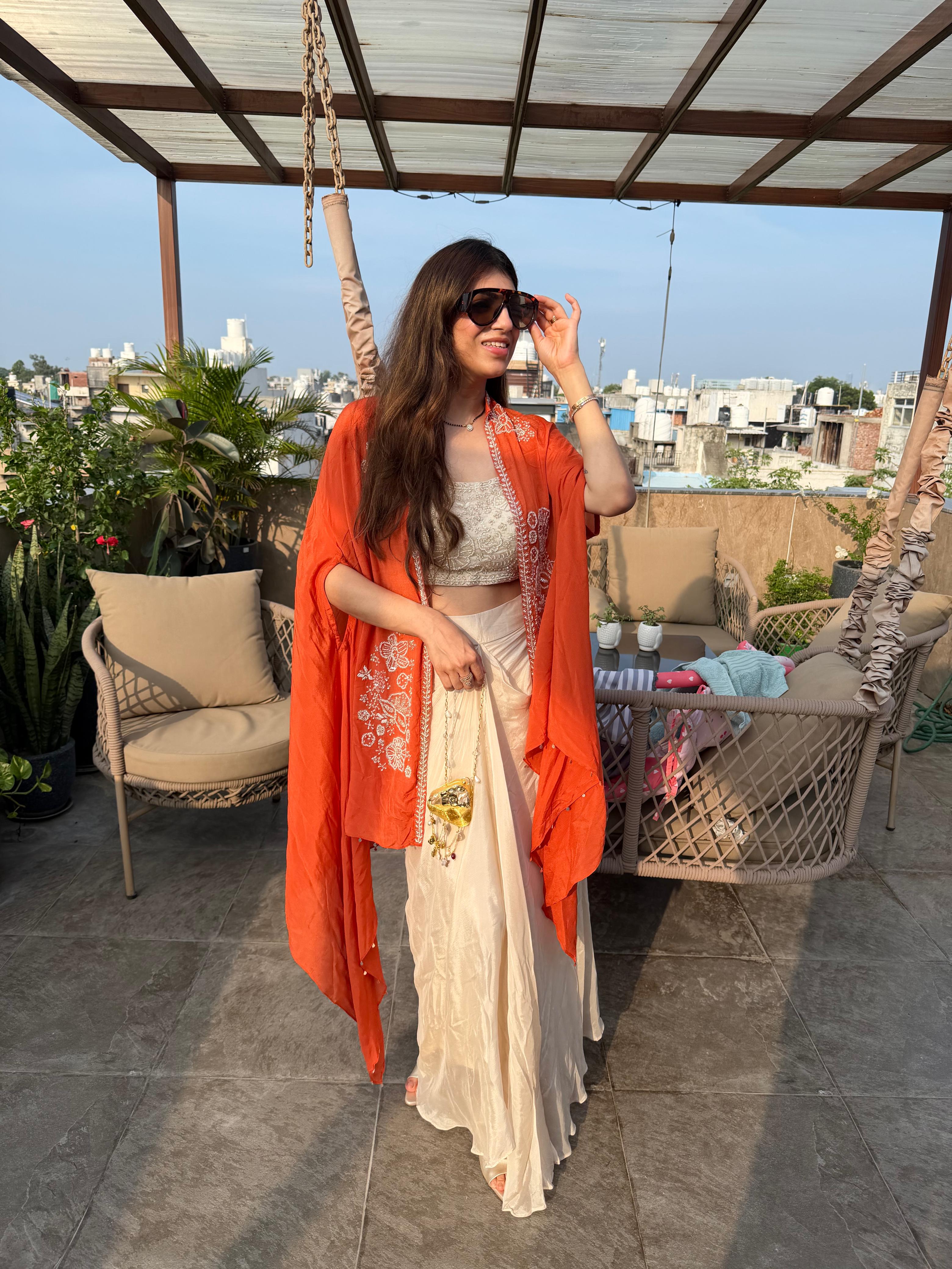 Pure Chinon,Drape skirt  indo-western set with all handwork in blouse & shrug