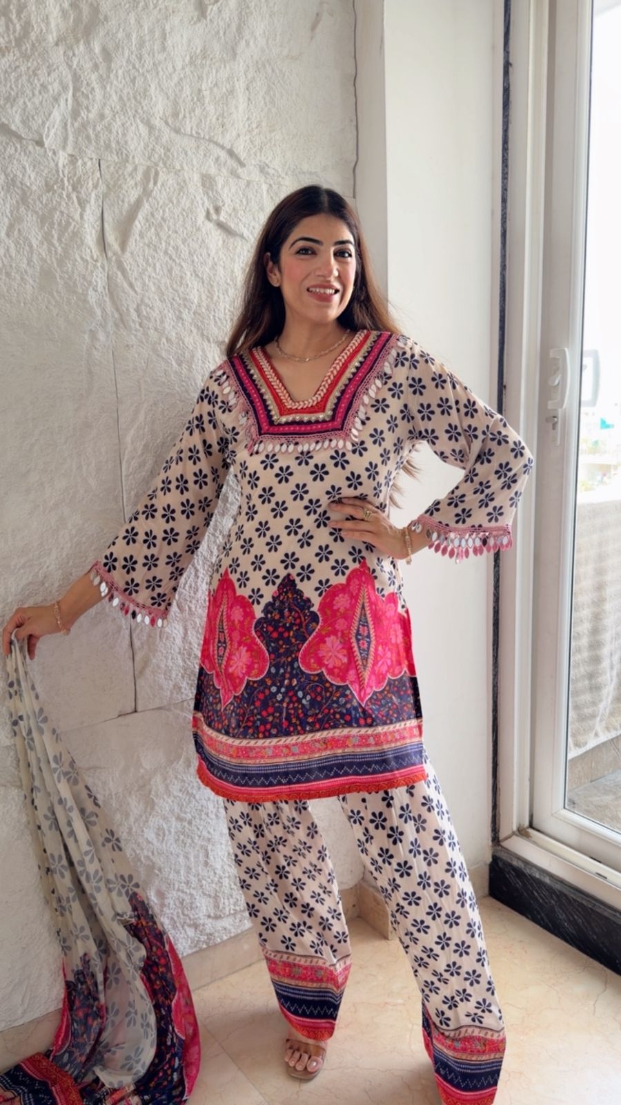 Pure-crepe farshi salwar with multi print & Chinon dupatta