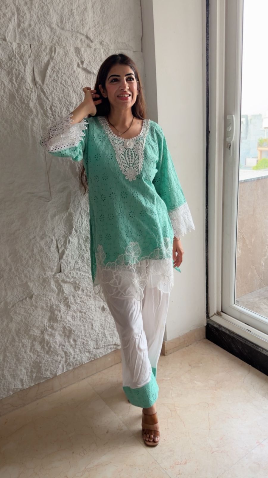 Schiffli cotton shirt with rayon cotton farshi salwar set with flower appliqué detail