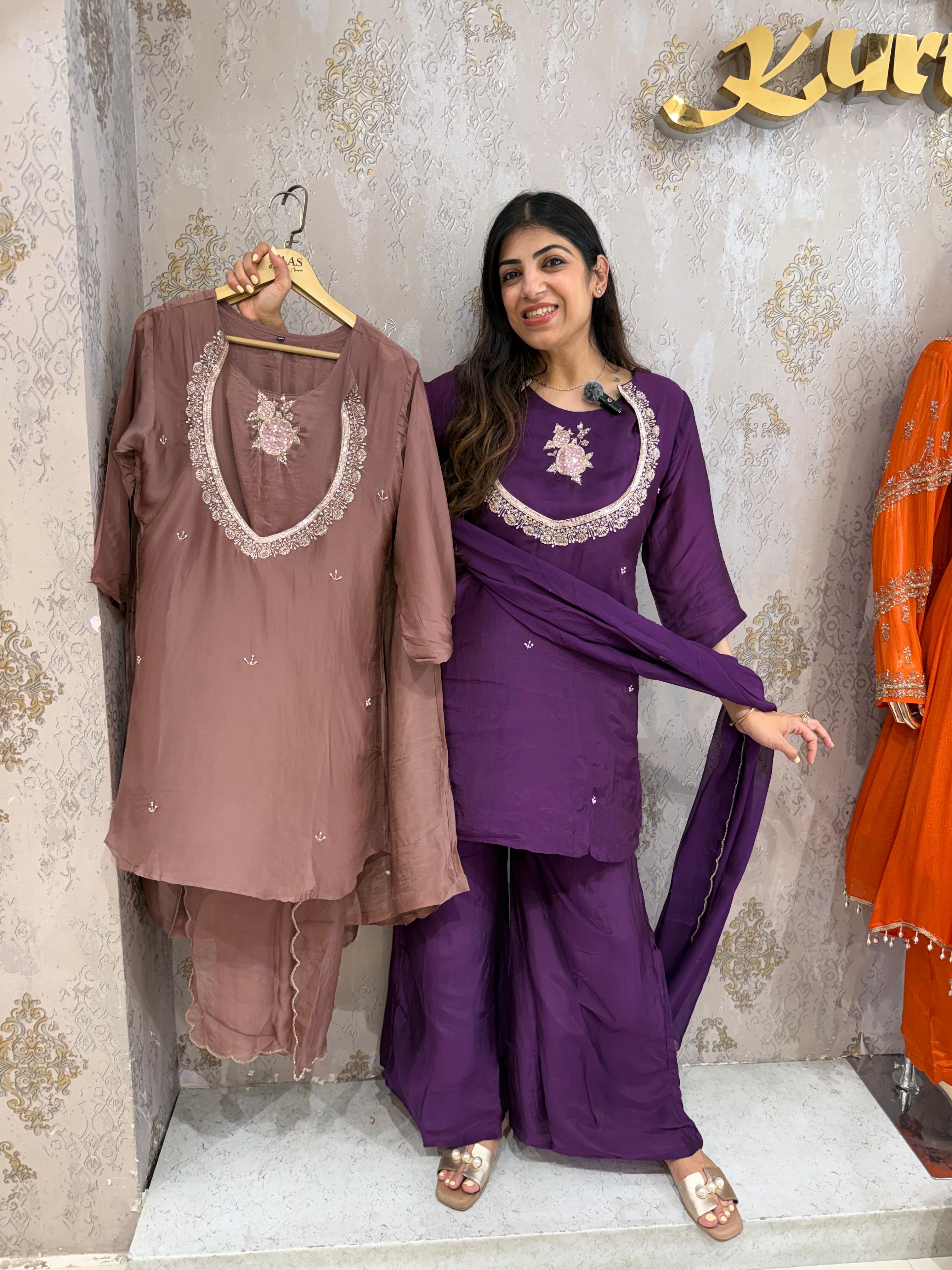Pure organza crepe 4,pc set bell bottom separate-inner & dupatta