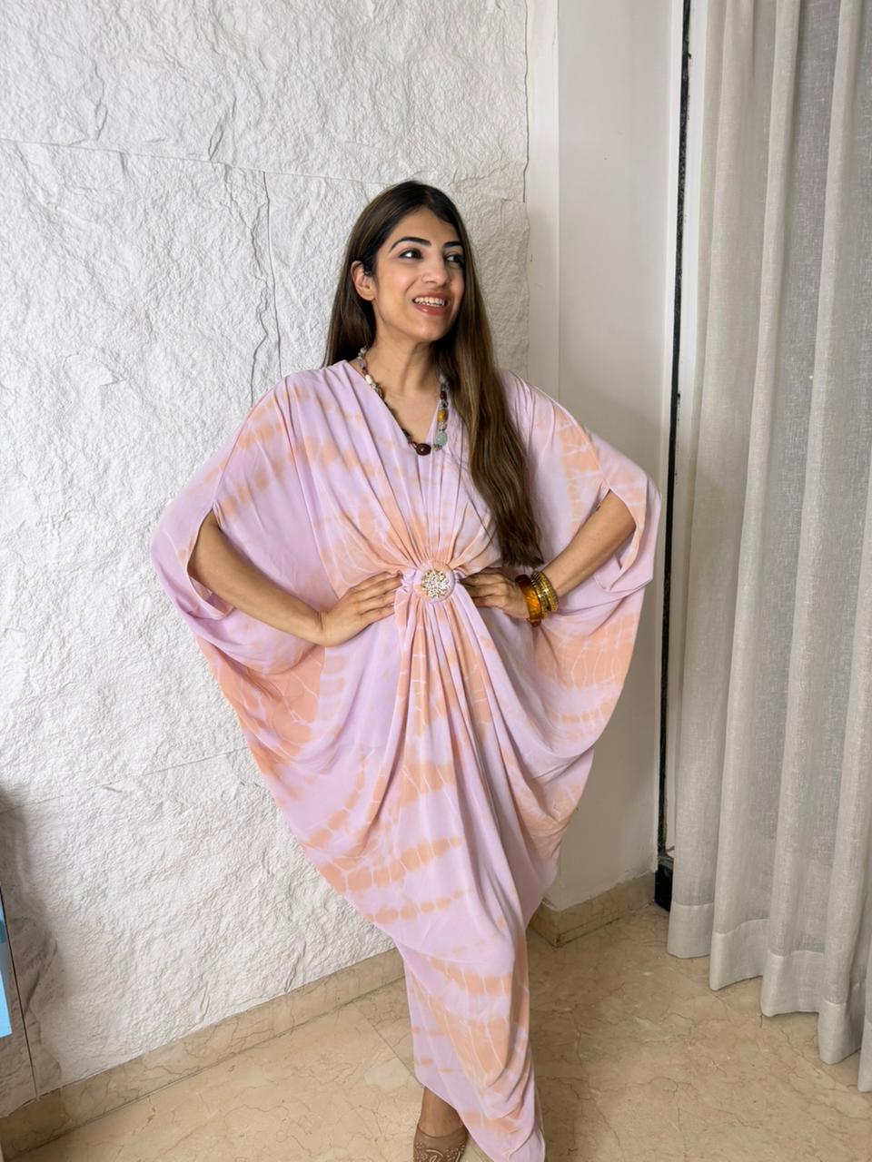 Tye & dye cowl dress with brooch with neck piece