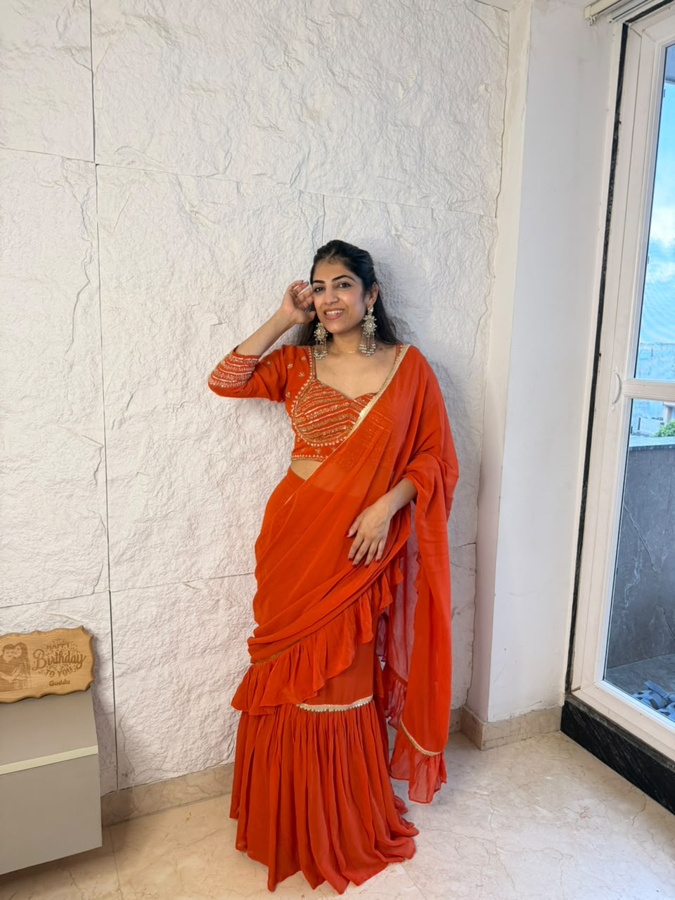 Viscose georgette full sleeves handwork drape saree with can can