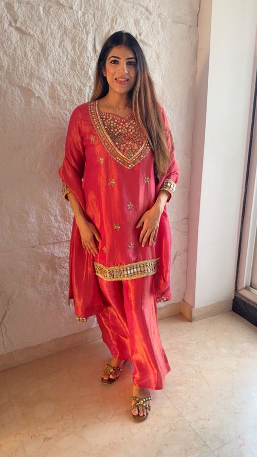 Simmar tissue partywear 3pc set all mirror work with divider plazo