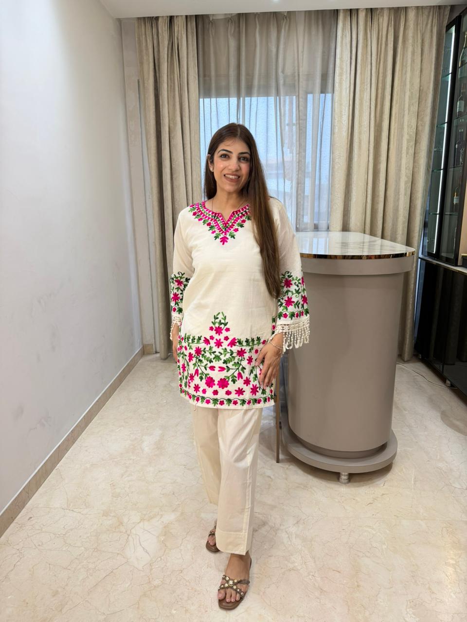 Pure cotton two pc co-ord set with lining and computer embroidery