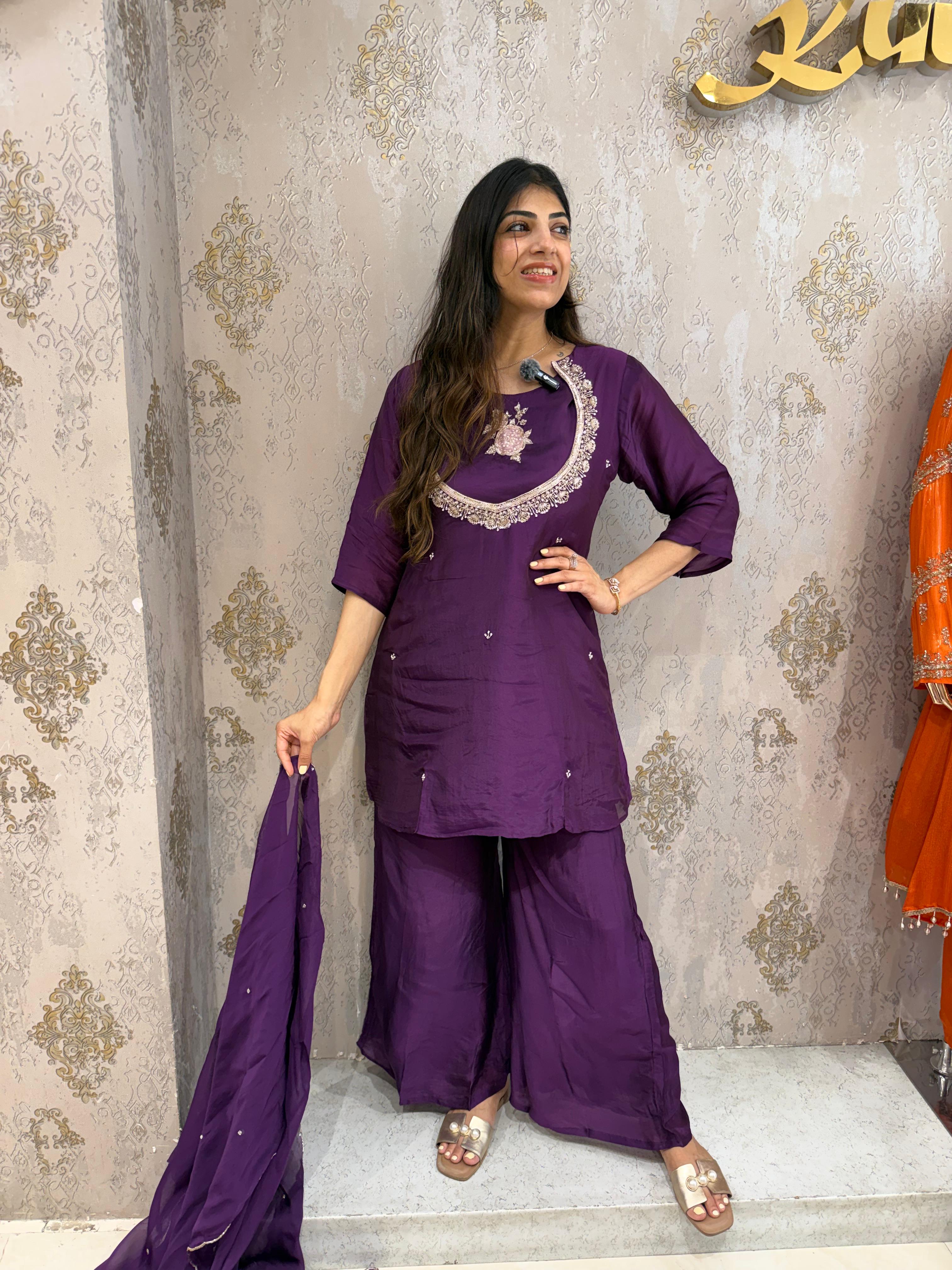 Pure organza crepe 4,pc set bell bottom separate-inner & dupatta