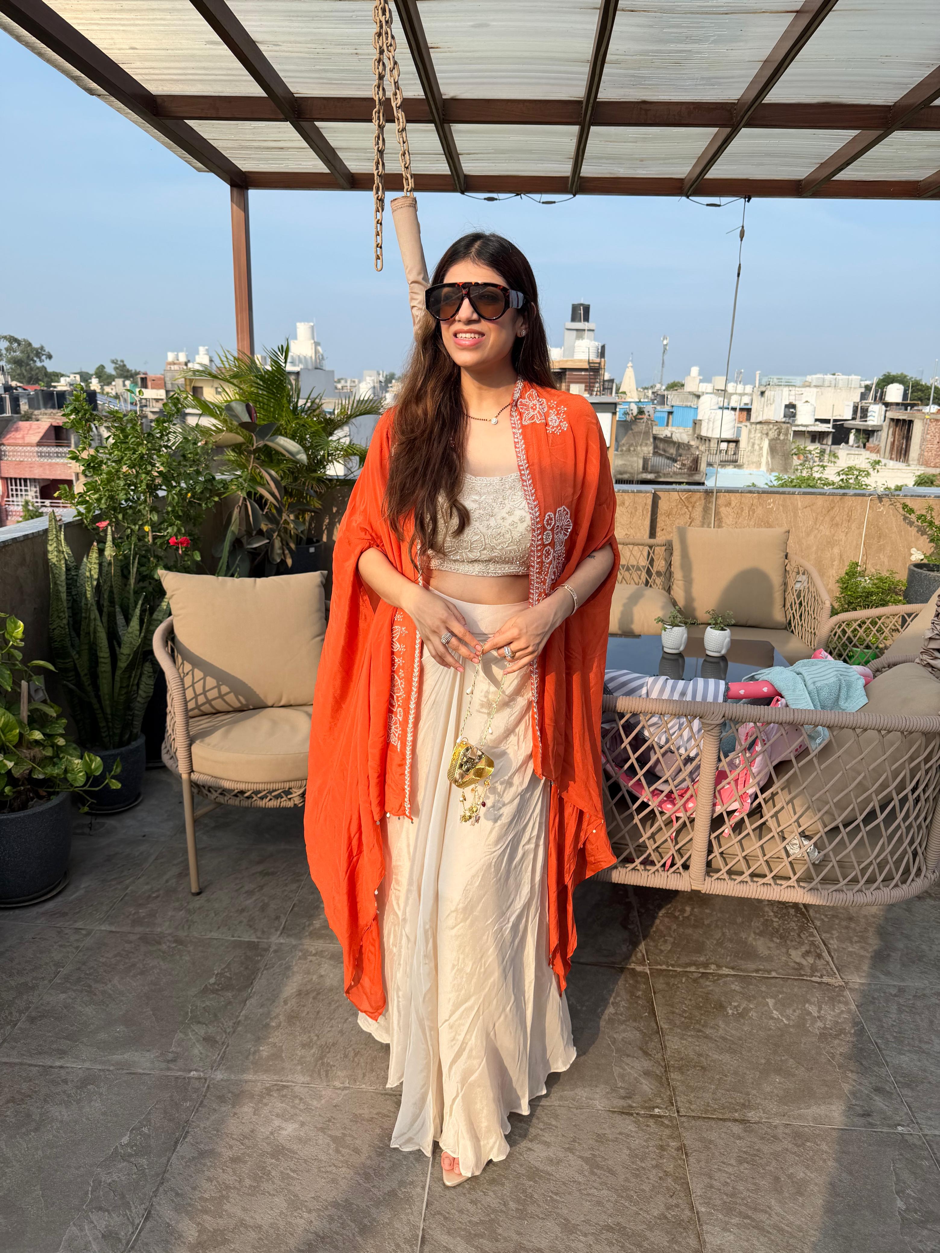 Pure Chinon,Drape skirt  indo-western set with all handwork in blouse & shrug