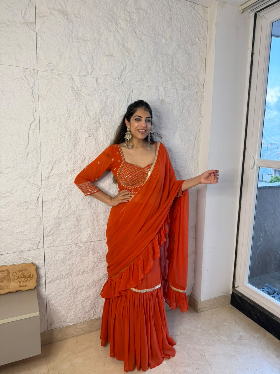 Viscose georgette full sleeves handwork drape saree with can can