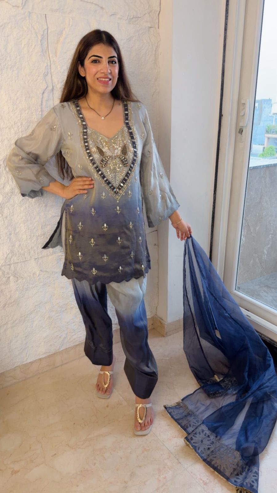 Shimmer tissue ombre farshi set with handwork with organza dupatta