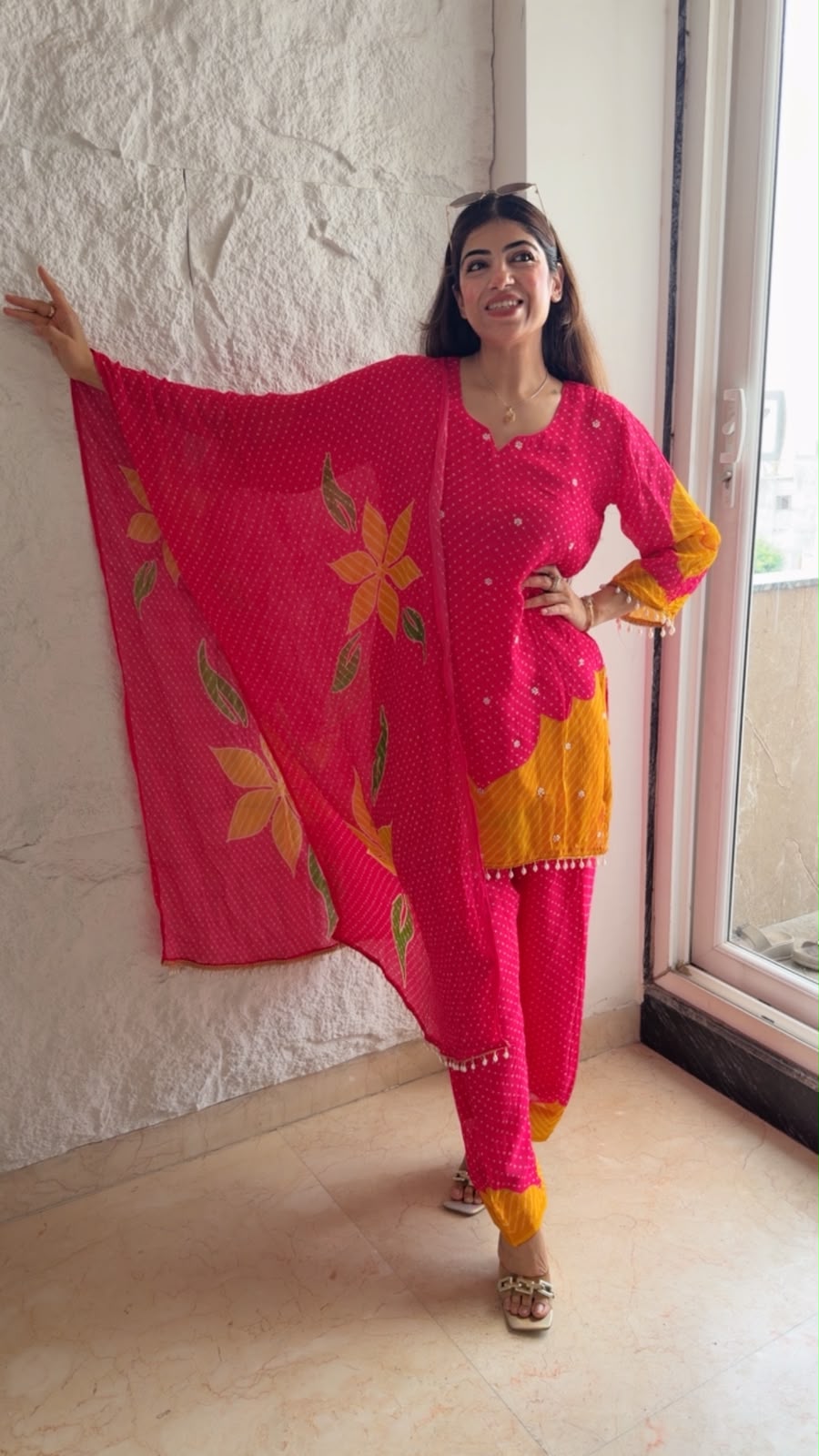 Chinon bandhani print 3pc set with farshi salwar