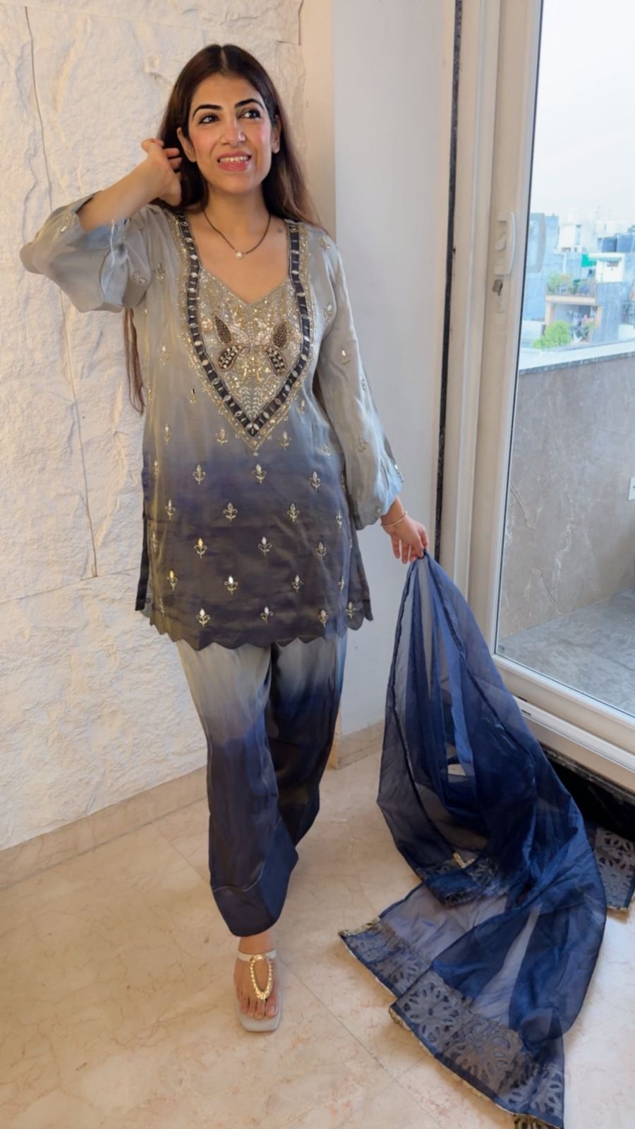 Shimmer tissue ombre farshi set with handwork with organza dupatta