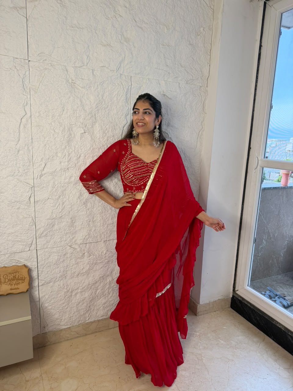 Viscose georgette full sleeves handwork drape saree with can can
