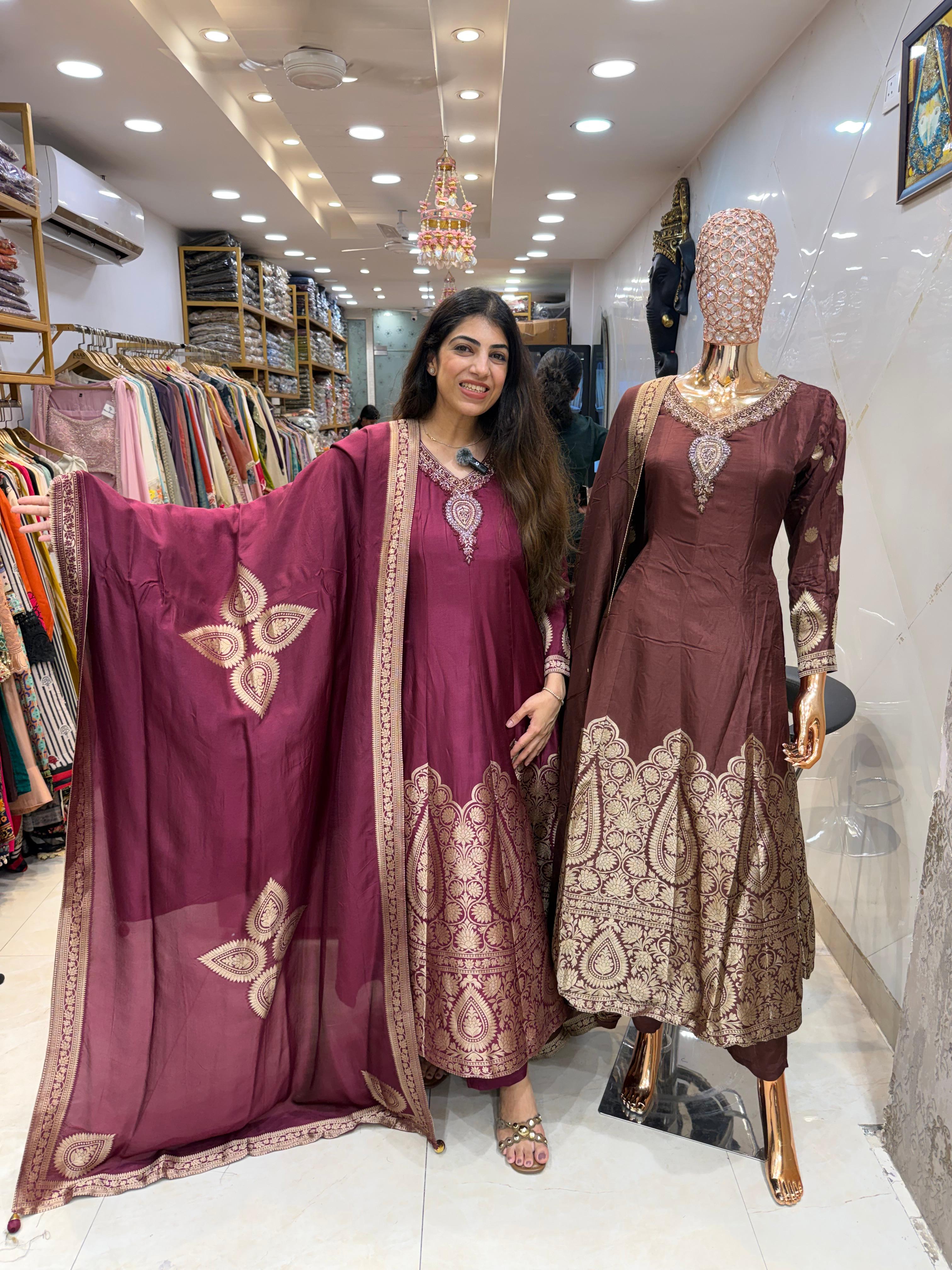 Pure banarsi foil print & handwork long 3,peice suit