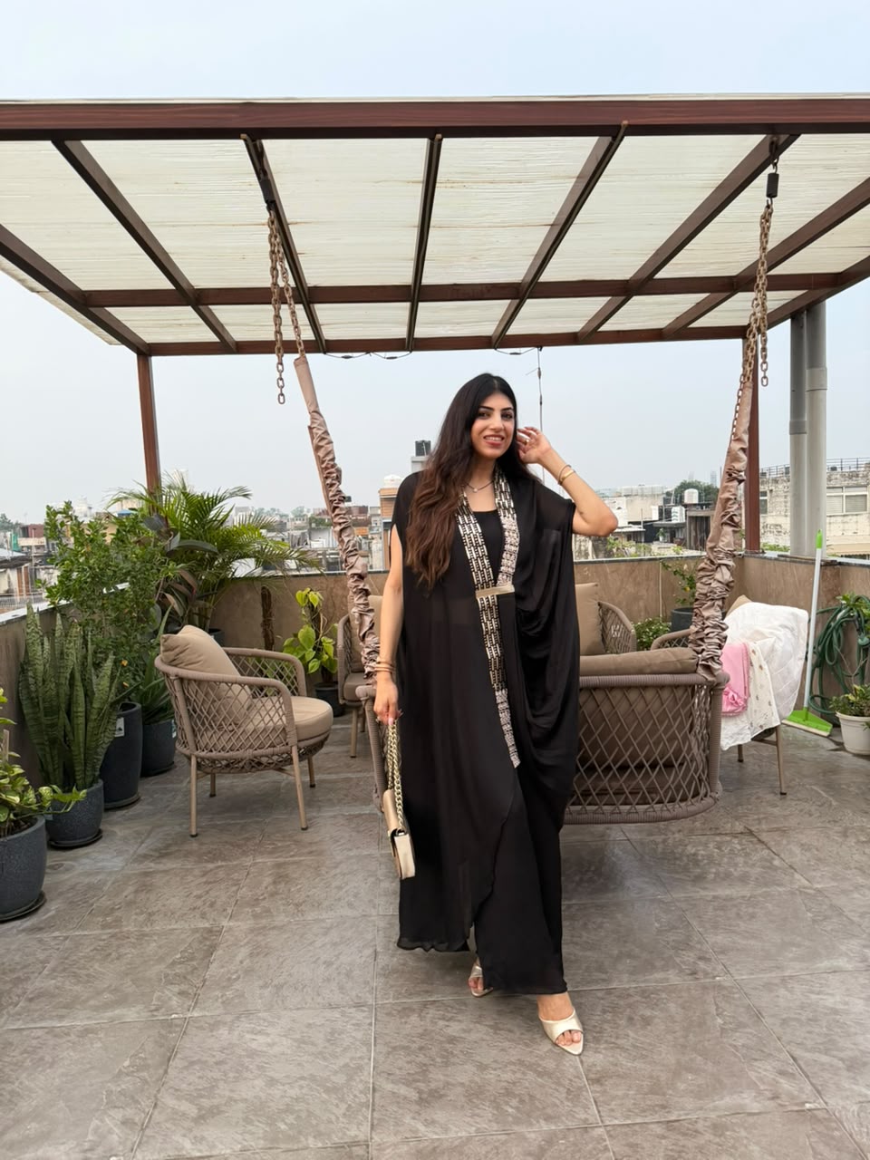 Pure Chinon indo-western set with long cape cowl style & separate-inner