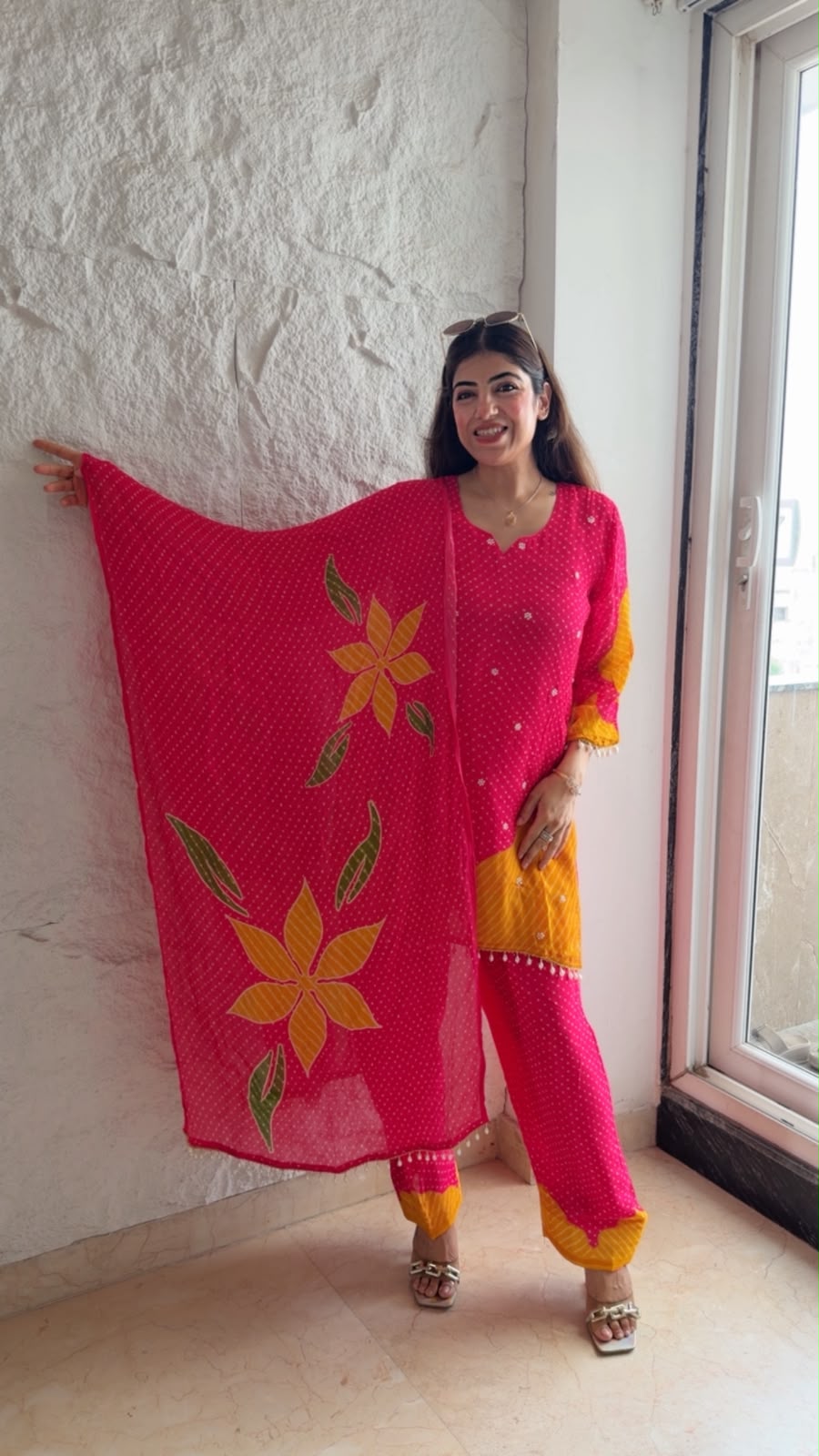 Chinon bandhani print 3pc set with farshi salwar