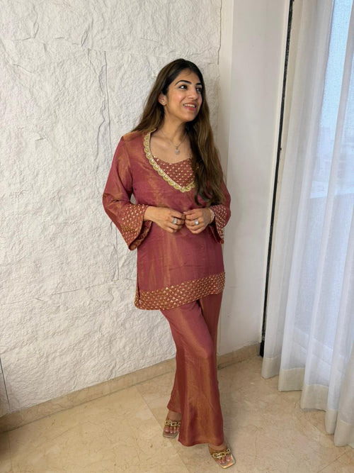 Pure shimmer tissue 2pc,co-ord set with separate - inner with bell bottom plazo nd all over handwork